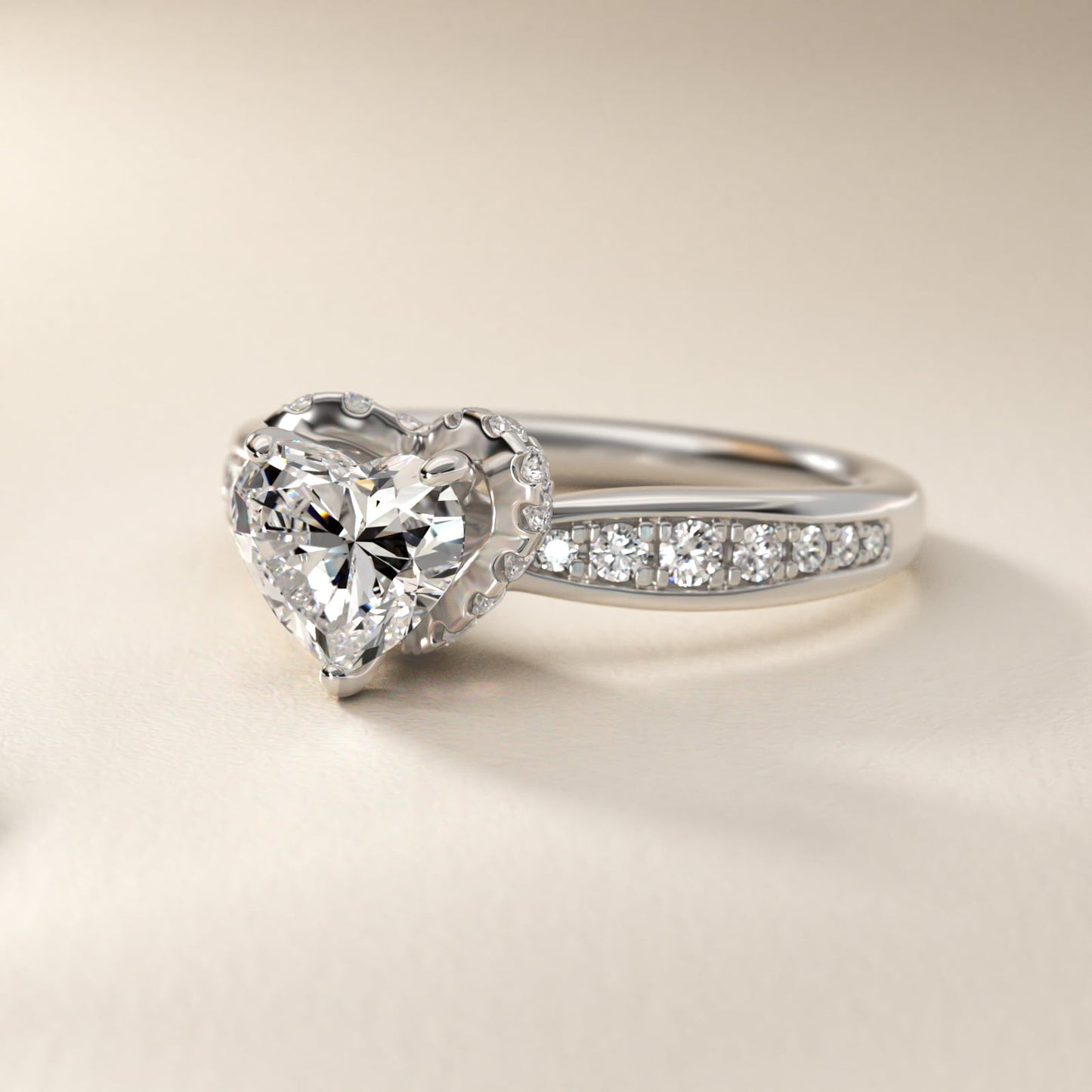Romantic Six Prong Hidden Halo Diamond Engagement Ring in 14k White Gold (1/5 ct. tw.) - Heart Center