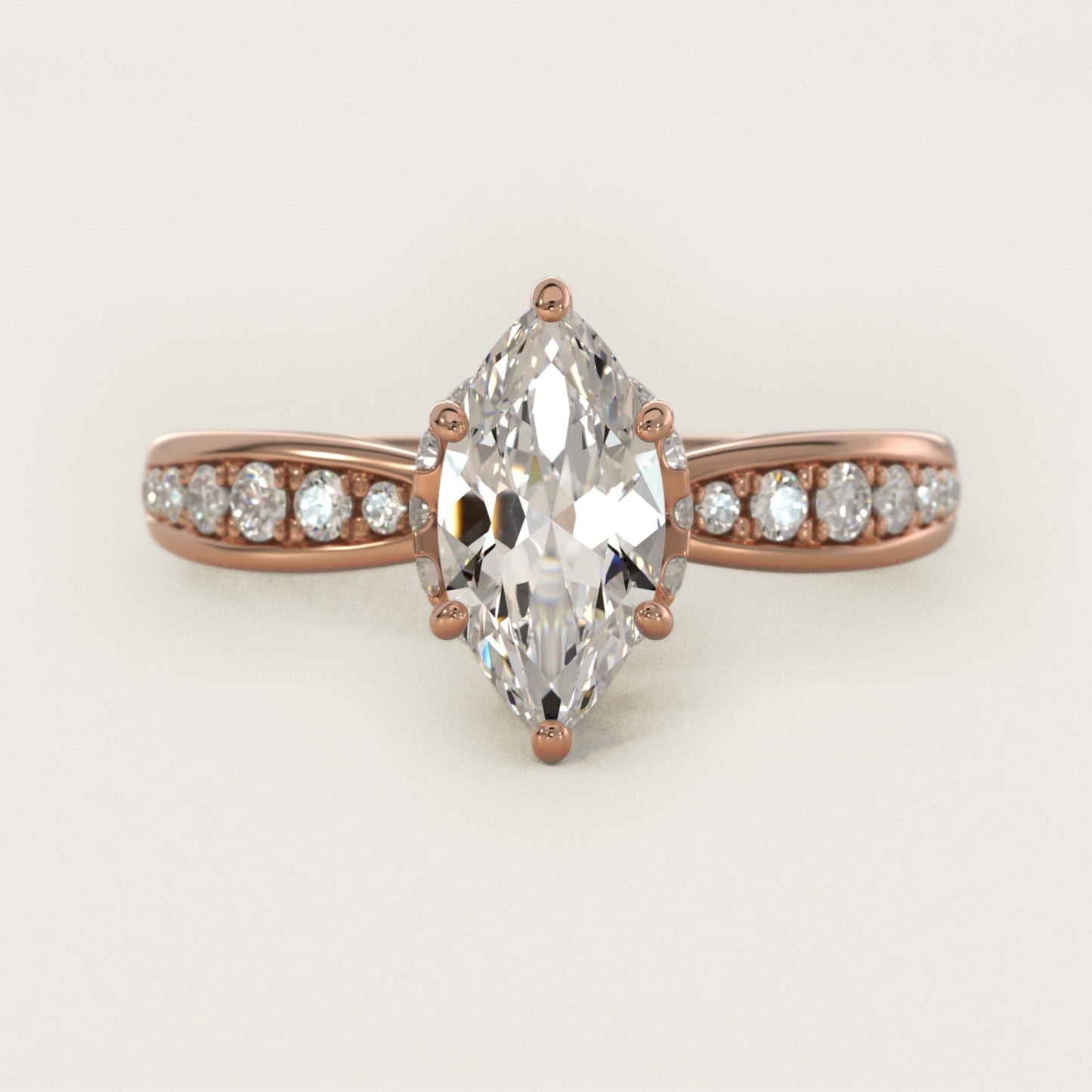 Romantic Six Prong Hidden Halo Diamond Engagement Ring in 18k Rose Gold (1/5 ct. tw.) - Marquise Center