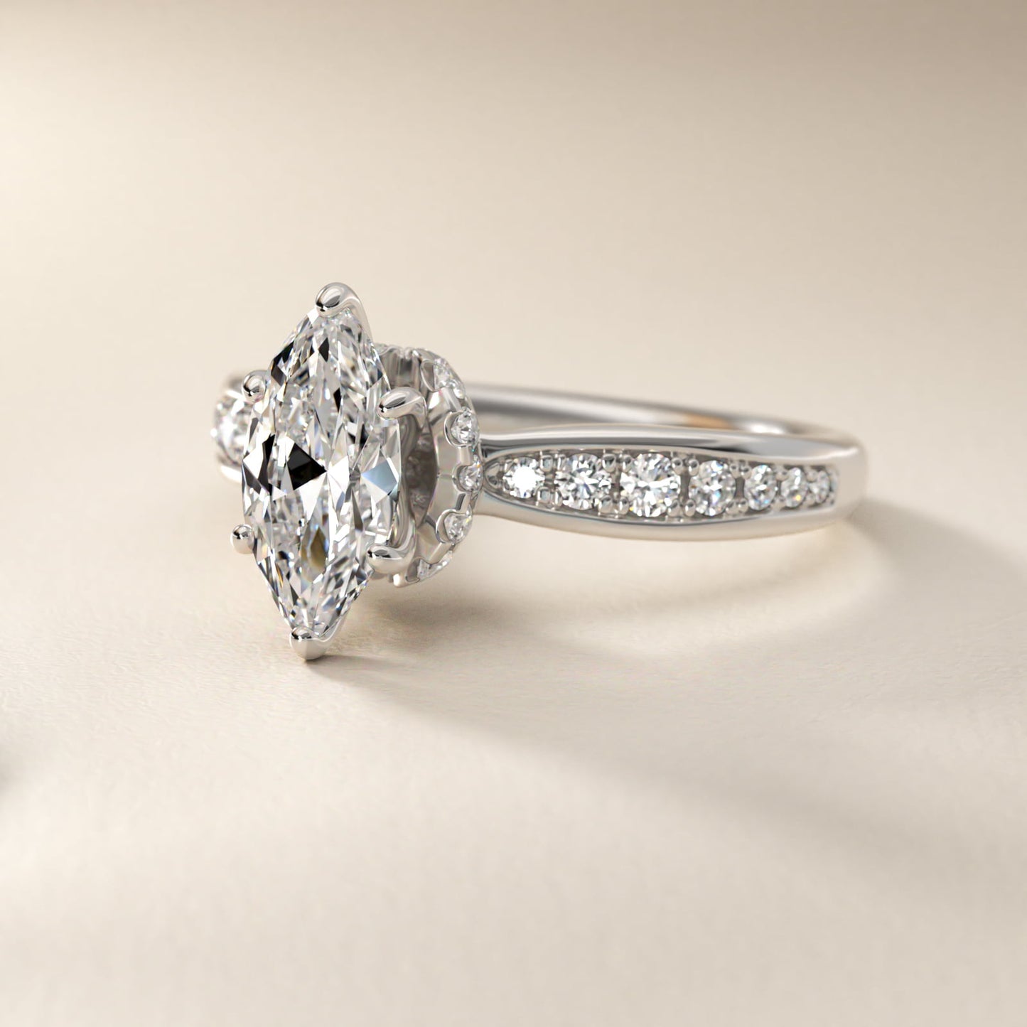 Romantic Six Prong Hidden Halo Diamond Engagement Ring in 18k White Gold (1/5 ct. tw.) - Marquise Center