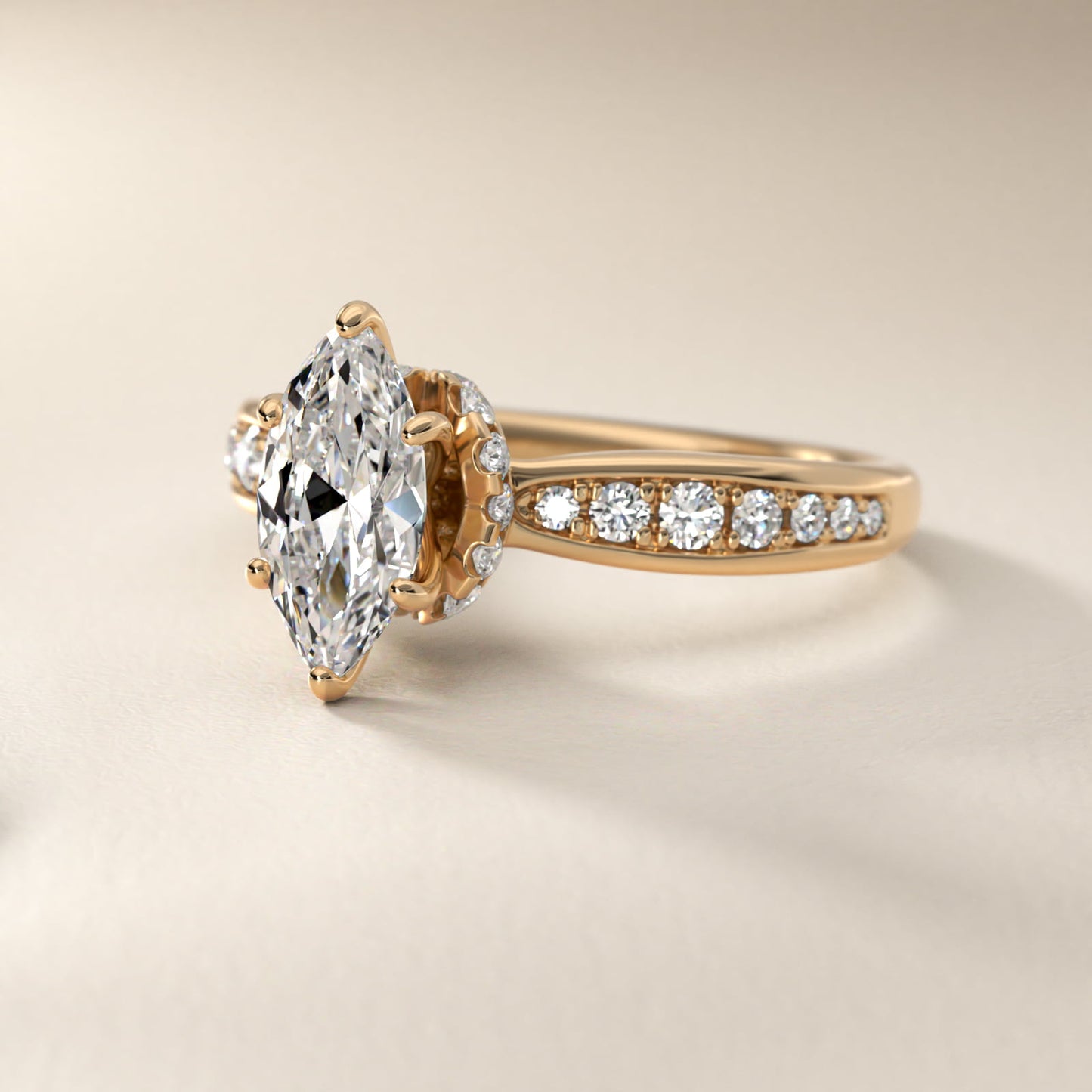 Romantic Six Prong Hidden Halo Diamond Engagement Ring in 14k Yellow Gold (1/5 ct. tw.) - Marquise Center