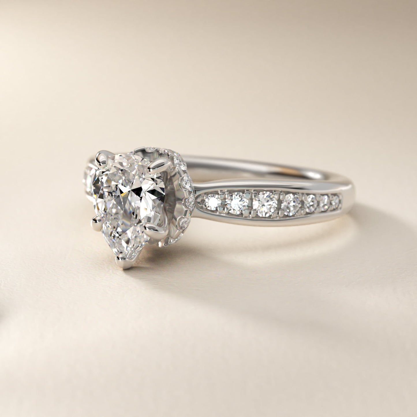 Romantic Six Prong Hidden Halo Diamond Engagement Ring in 14k White Gold (1/5 ct. tw.) - Pear Center