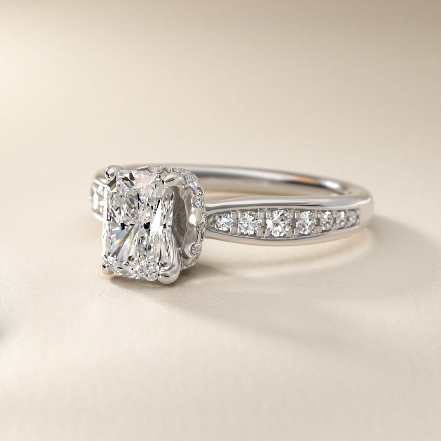 Romantic Six Prong Hidden Halo Diamond Engagement Ring in 14k White Gold (1/5 ct. tw.) - Radiant Center