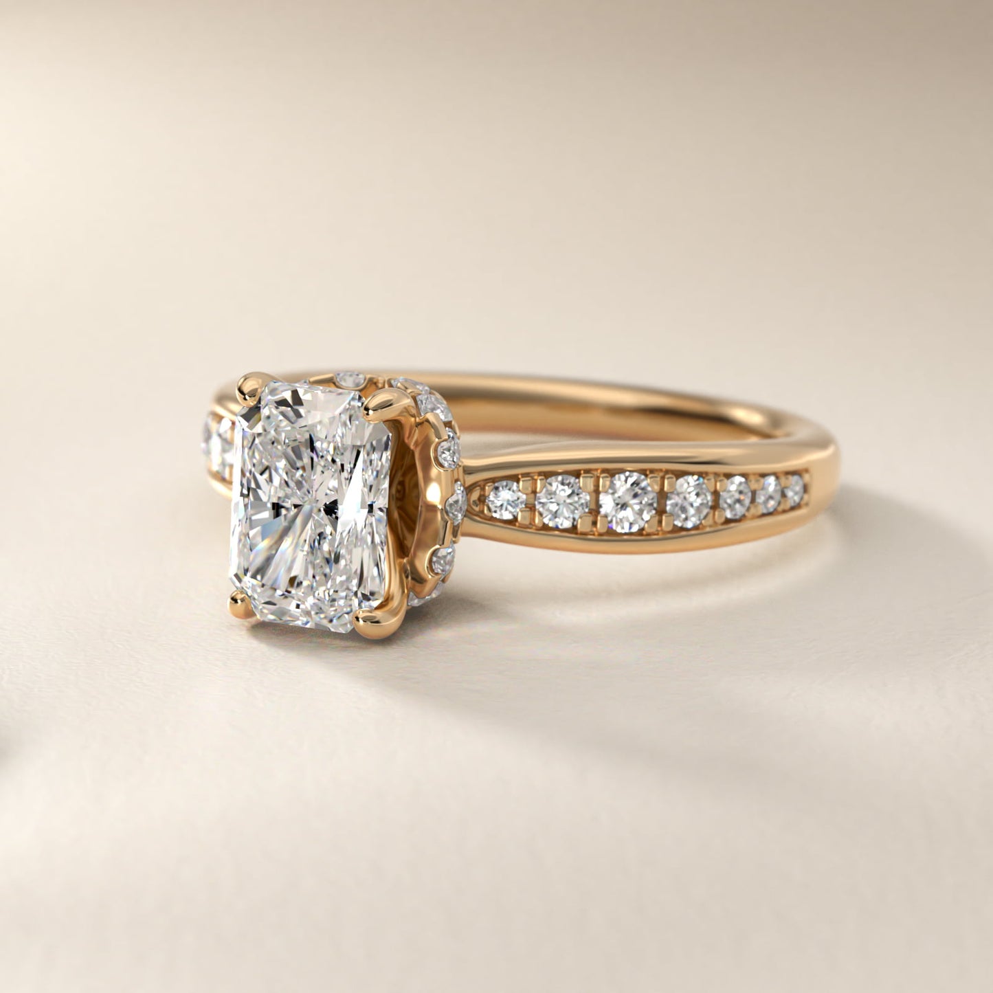 Romantic Six Prong Hidden Halo Diamond Engagement Ring in 14k Yellow Gold (1/5 ct. tw.) - Radiant Center