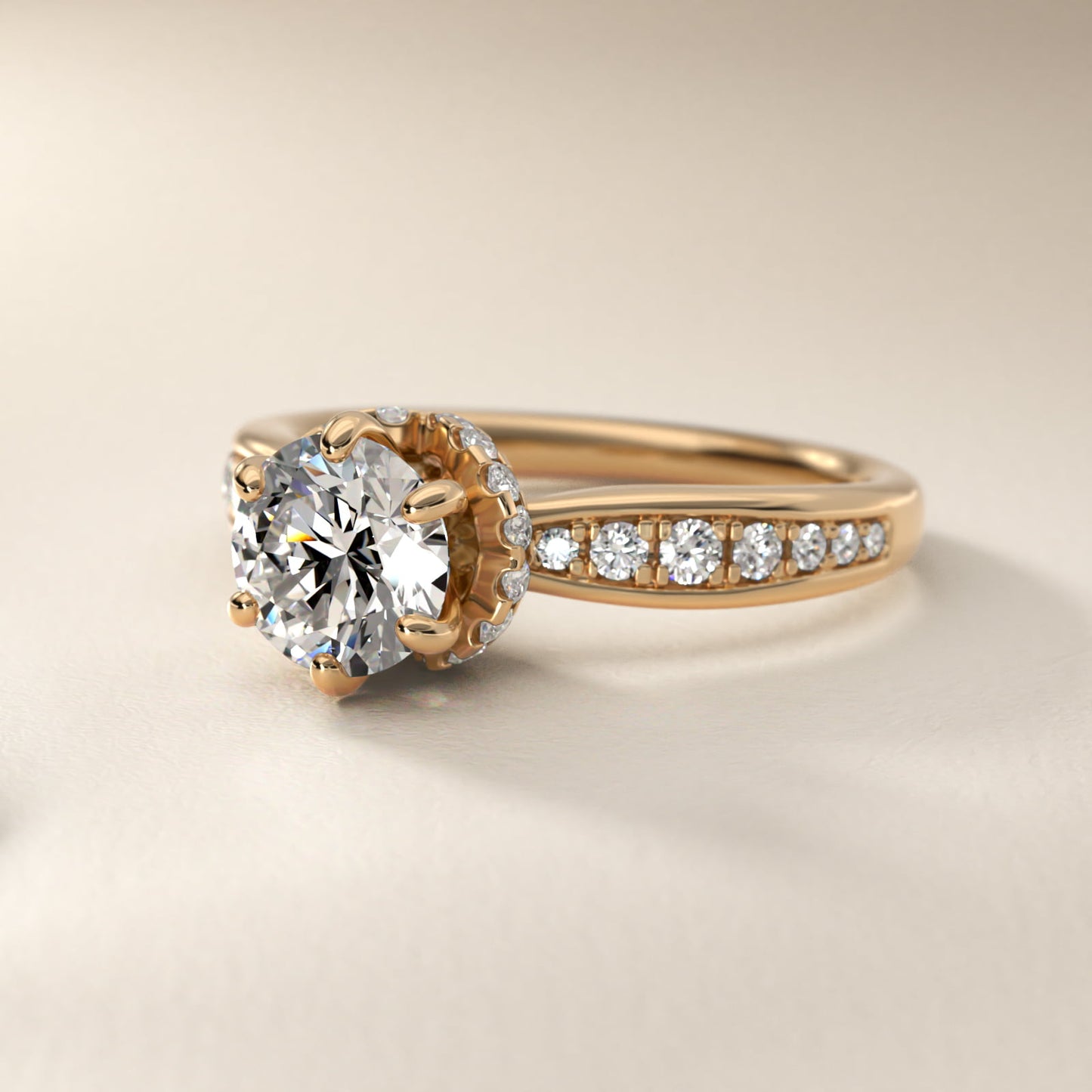 Romantic Six Prong Hidden Halo Diamond Engagement Ring in 14k Yellow Gold (1/5 ct. tw.) - Round Center
