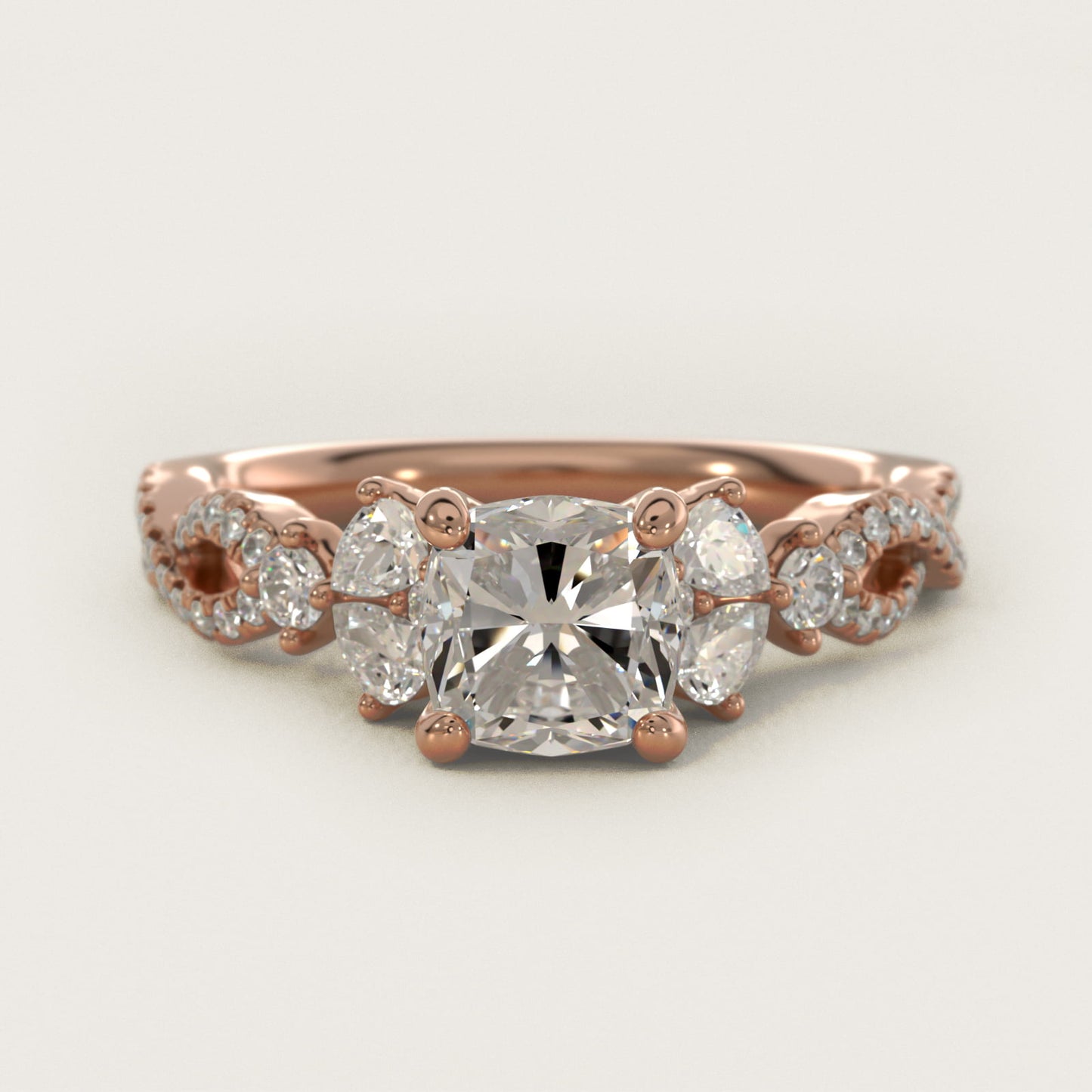 Romantic Twist Diamond Pear Accent Engagement Ring in 18k Rose Gold (1/4 ct. tw.) - Cushion Center