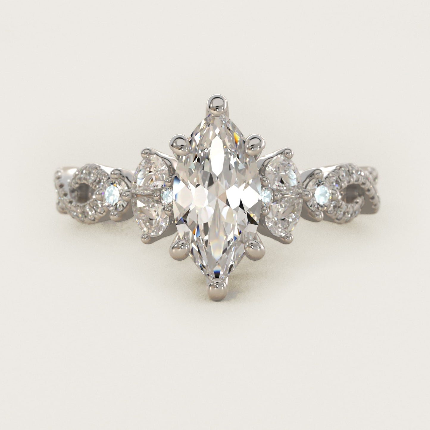 Romantic Twist Diamond Pear Accent Engagement Ring in 14k White Gold (1/4 ct. tw.) - Marquise Center