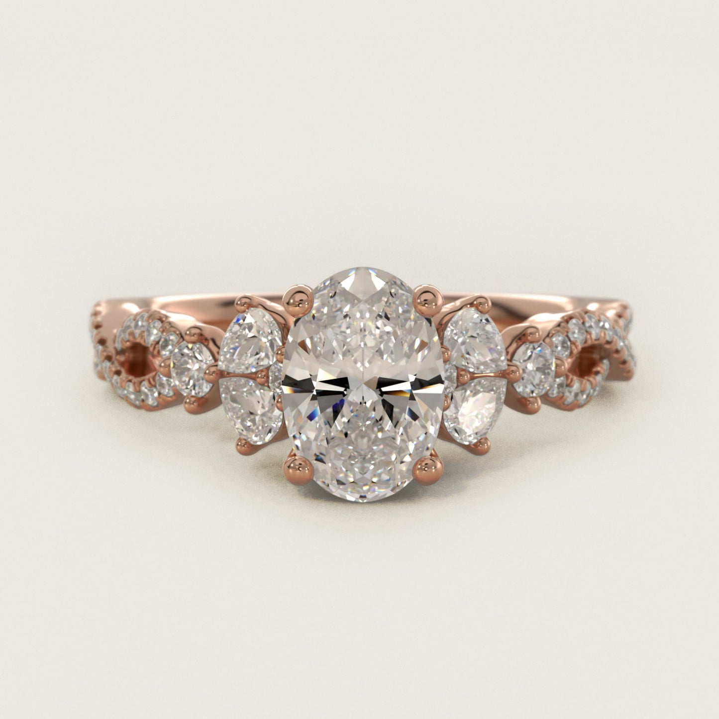 Romantic Twist Diamond Pear Accent Engagement Ring in 14k Rose Gold (1/4 ct. tw.) - Oval Center