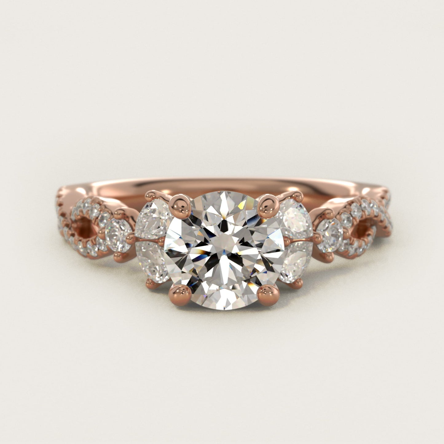 Romantic Twist Diamond Pear Accent Engagement Ring in 14k Rose Gold (1/4 ct. tw.) - Round Center