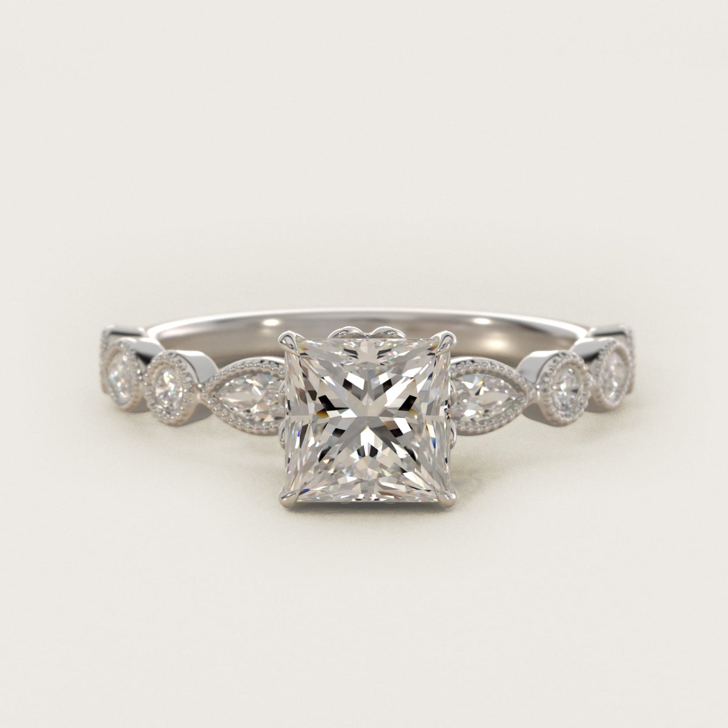 Round and Marquise Cut Side Stone Diamond Engagement Ring In 18k White Gold By James Allen - Princess Center