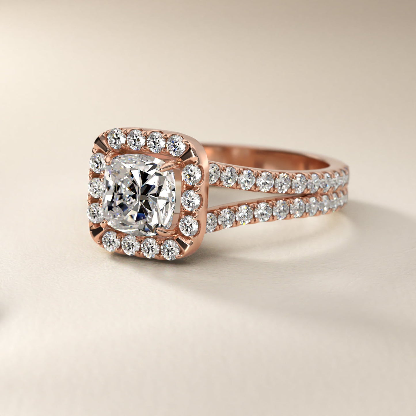 Round Split Band Diamond Halo Engagement Ring In 14K Rose Gold By James Allen - Cushion Center