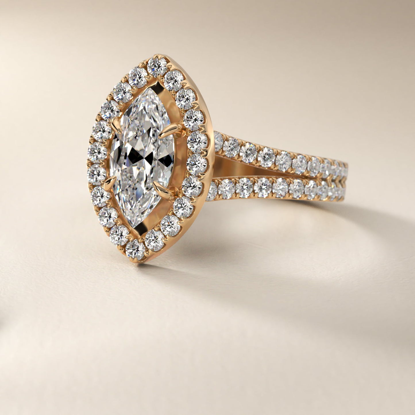 Round Split Band Diamond Halo Engagement Ring In 18k Yellow Gold By James Allen - Marquise Center