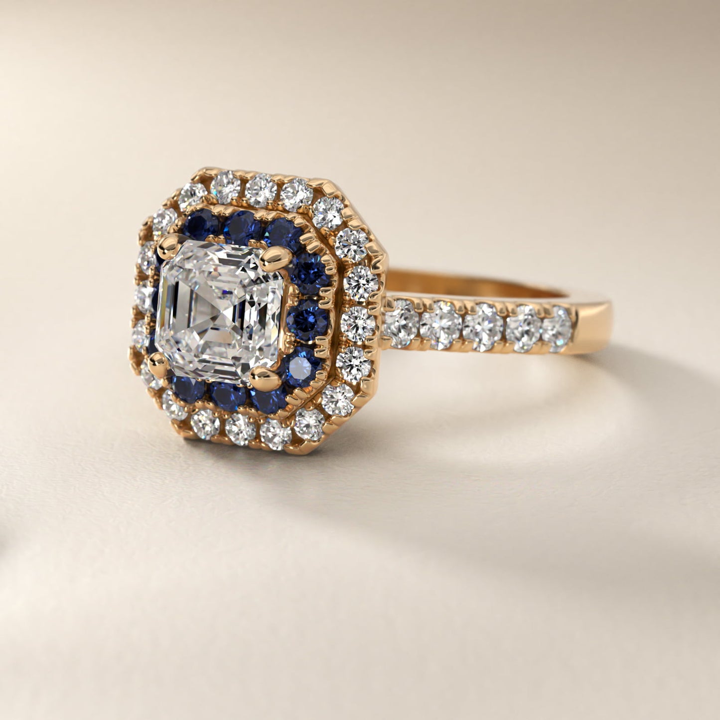 Sapphire and Diamond Double Halo Engagement Ring in 14K Yellow Gold (1/2 ct. tw.) - Asscher Center