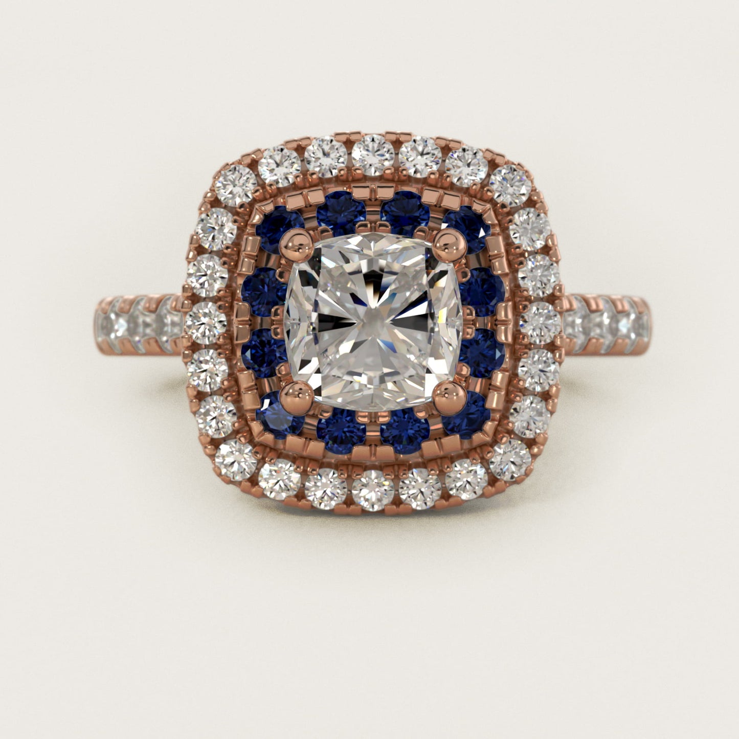 Sapphire and Diamond Double Halo Engagement Ring in 14k Rose Gold (1/2 ct. tw.) - Cushion Center