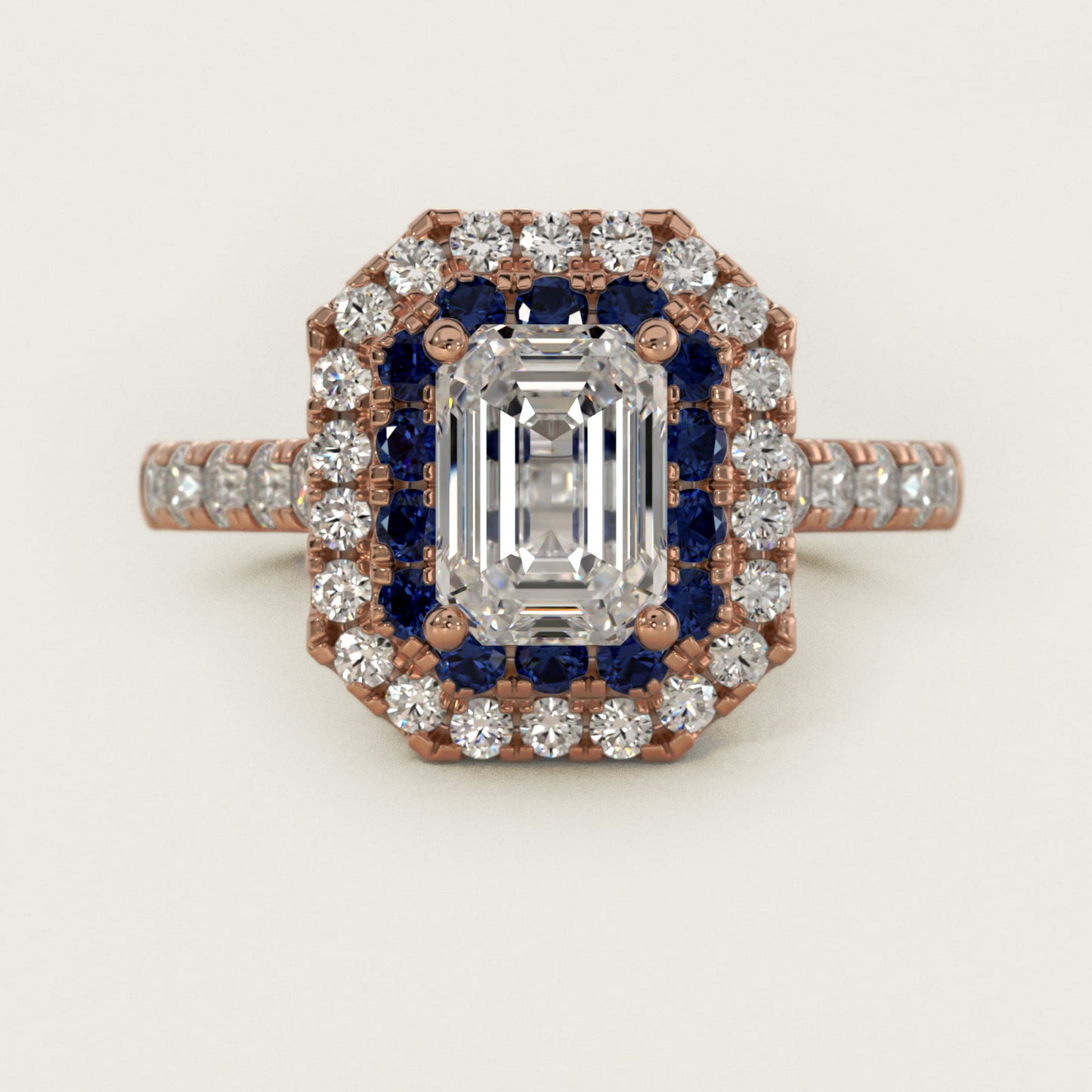 Sapphire and Diamond Double Halo Engagement Ring in 18k Rose Gold (1/2 ct. tw.) - Emerald Center