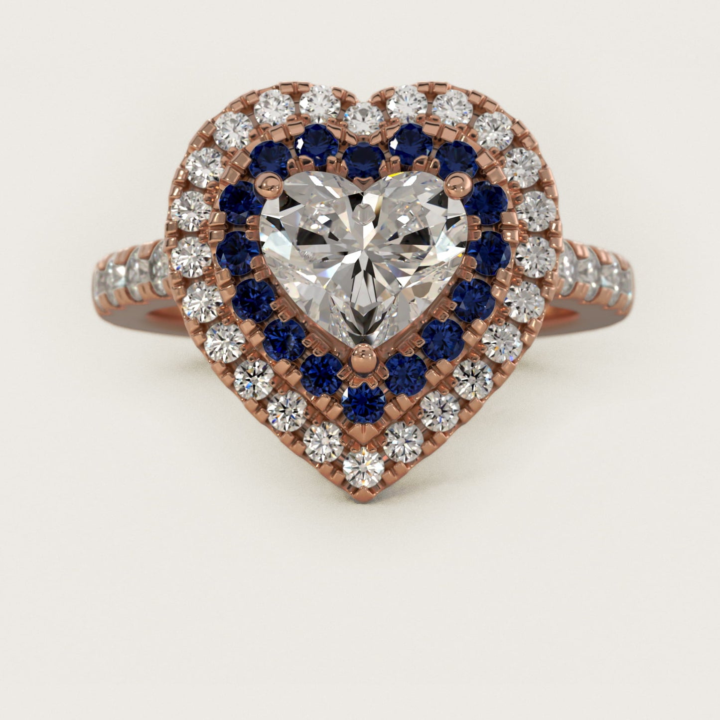 Sapphire and Diamond Double Halo Engagement Ring in 18k Rose Gold (1/2 ct. tw.) - Heart Center