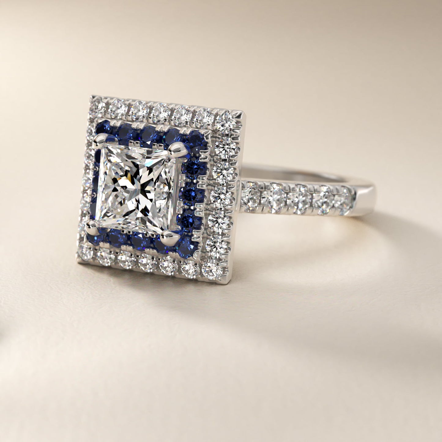 Sapphire and Diamond Double Halo Engagement Ring in Platinum (1/2 ct. tw.) - Princess Center