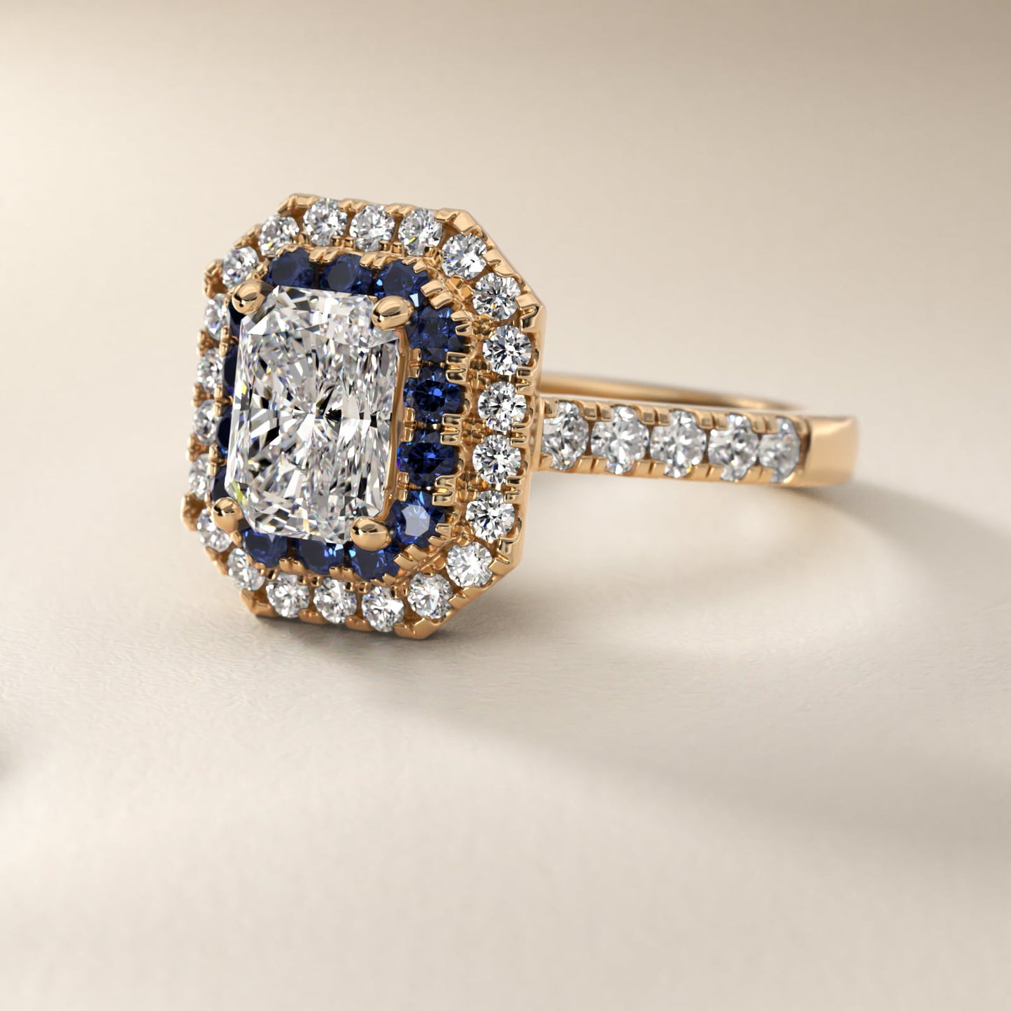 Sapphire and Diamond Double Halo Engagement Ring in 14K Yellow Gold (1/2 ct. tw.) - Radiant Center