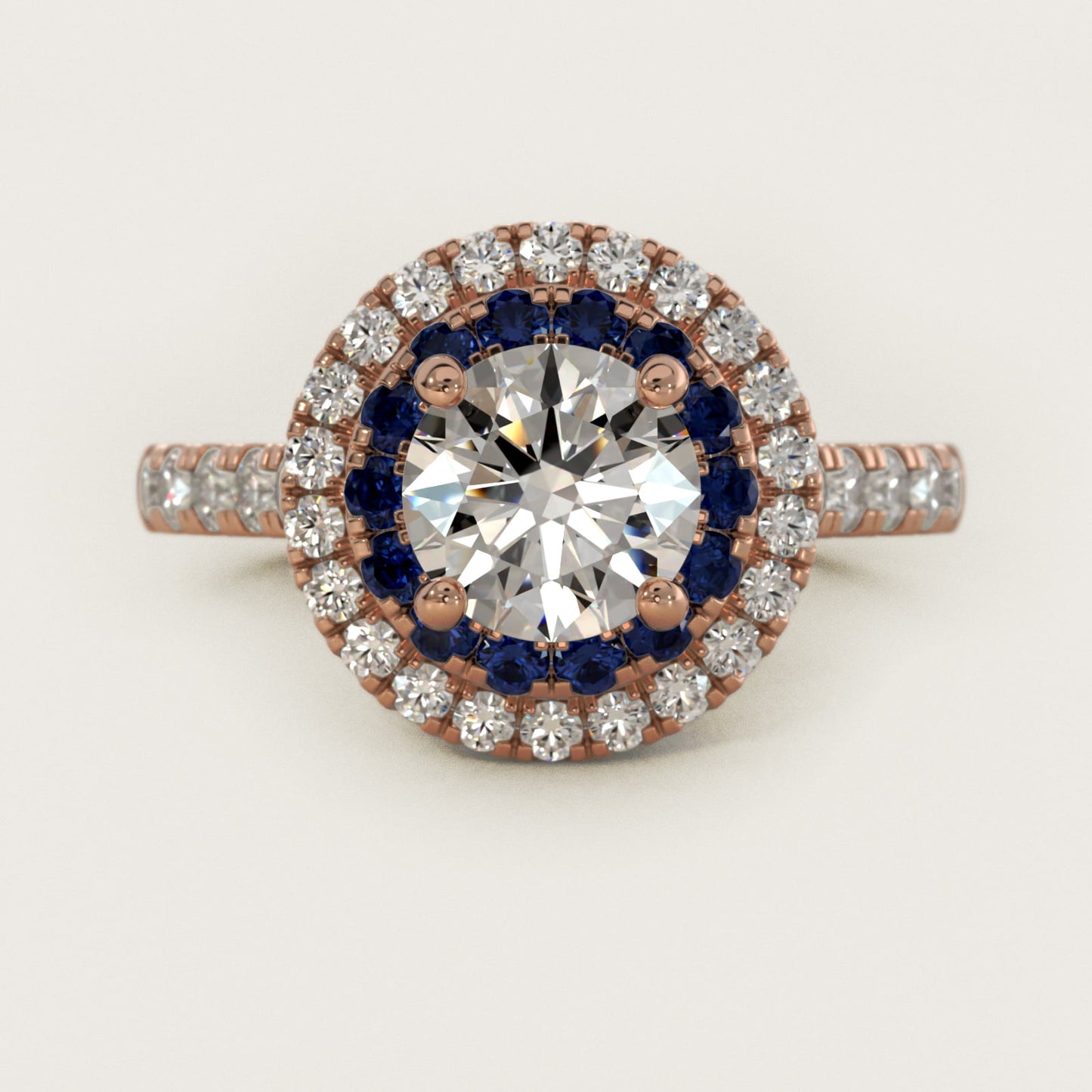 Sapphire and Diamond Double Halo Engagement Ring in 14k Rose Gold (1/2 ct. tw.) - Round Center