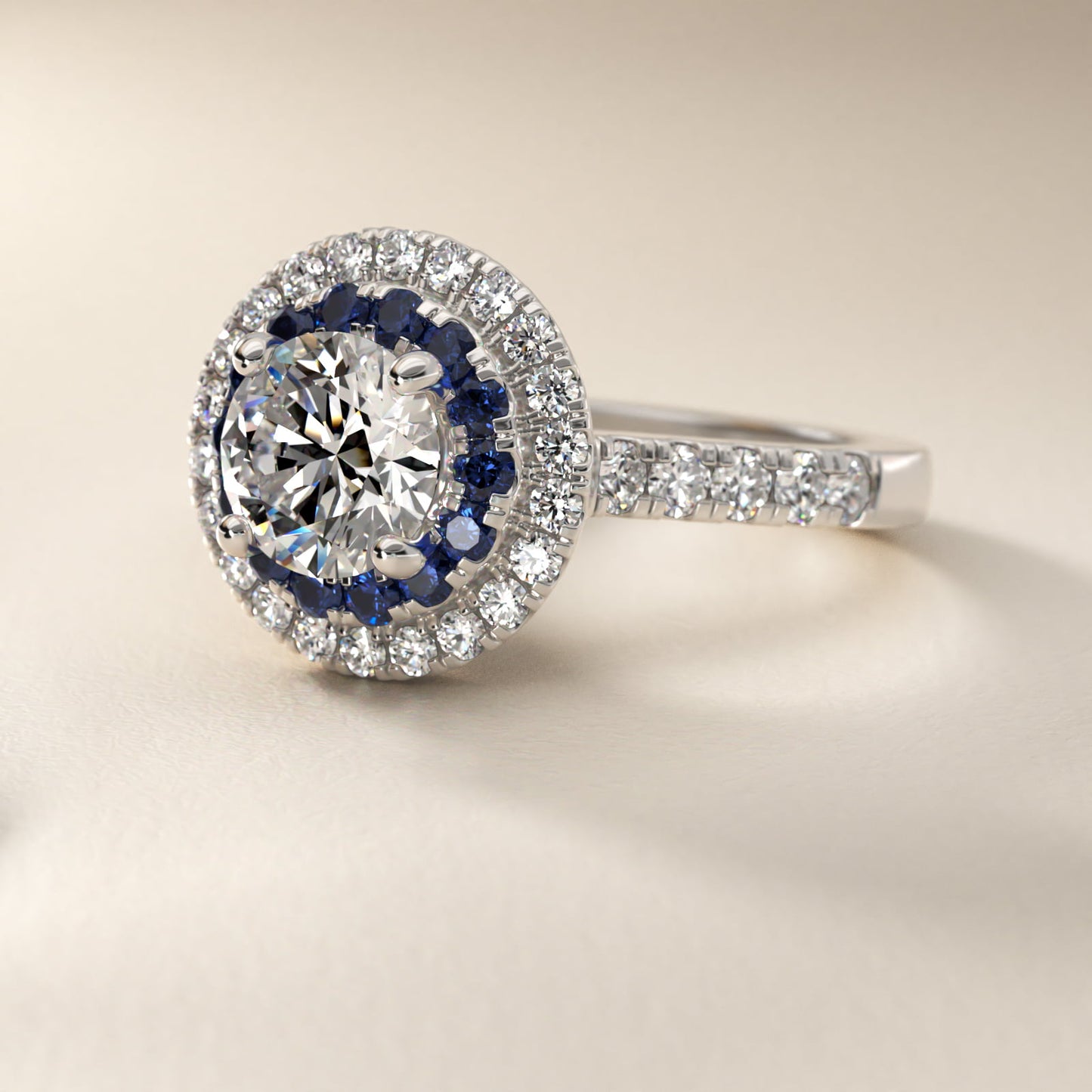 Sapphire and Diamond Double Halo Engagement Ring in 14k White Gold (1/2 ct. tw.) - Round Center