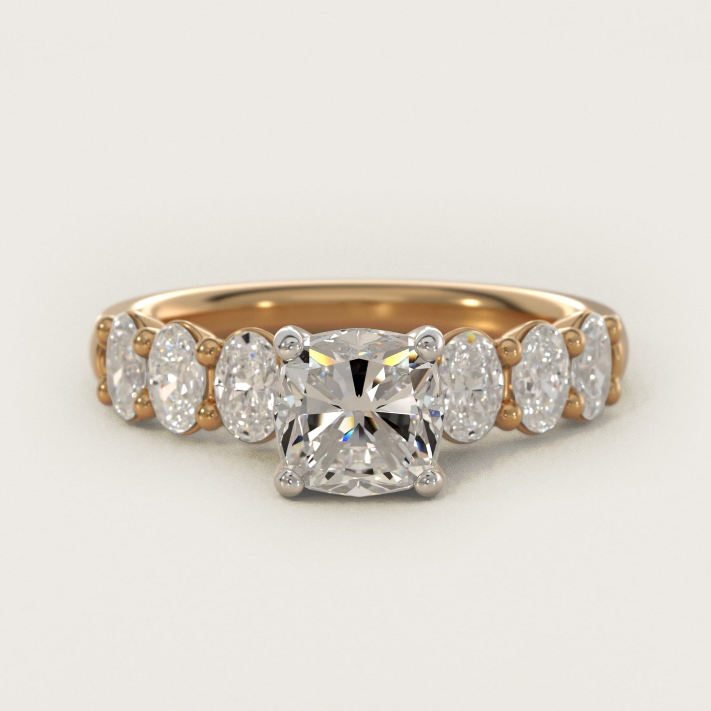 Seven Stone Oval Diamond Engagement Ring in 18k Yellow Gold (1 ct.tw.) - Cushion Center