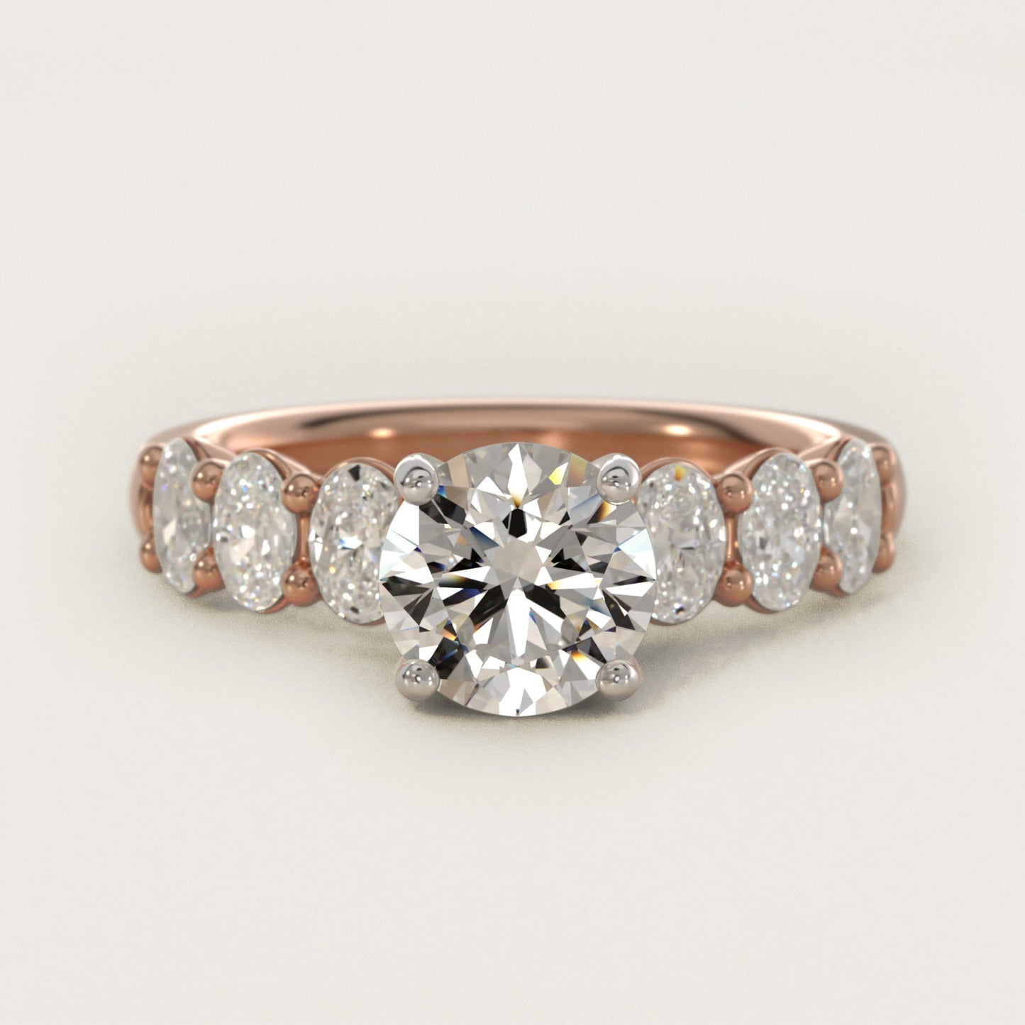 Seven Stone Oval Diamond Engagement Ring in 18k Rose Gold (1 ct.tw.) - Round Center