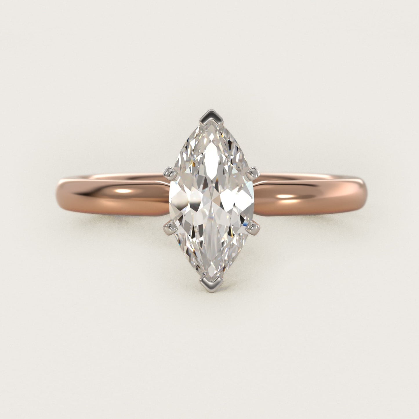 Six-Prong Low Dome Comfort Fit Solitaire Engagement Ring in 18k Rose Gold (2mm) - Marquise Center