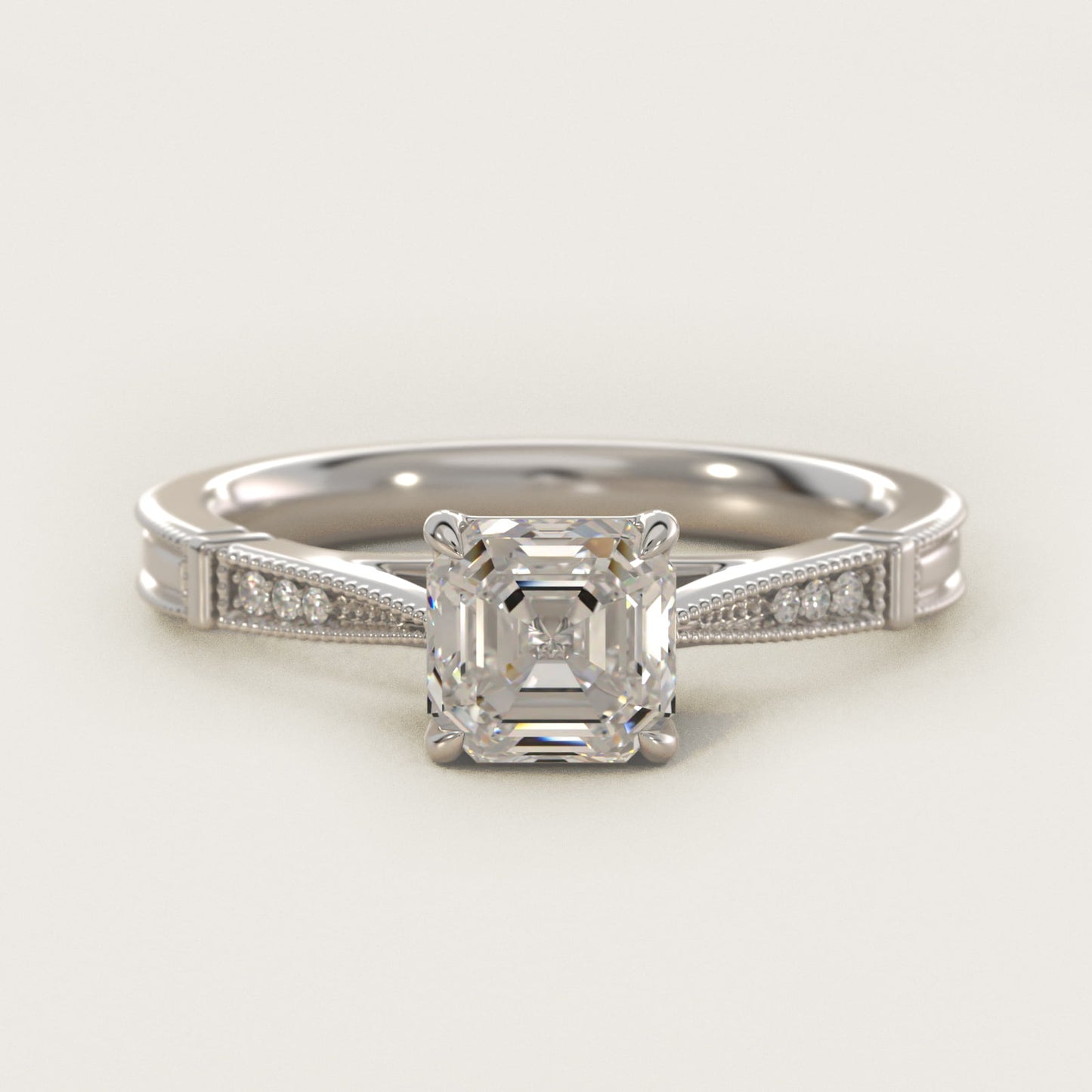 Six-Prong Vintage Milgrain and Diamond Engagement Ring in 18k White Gold - Asscher Center