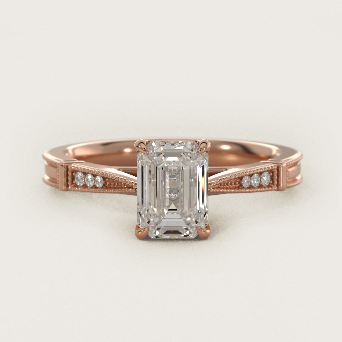 Six-Prong Vintage Milgrain and Diamond Engagement Ring in 14k Rose Gold - Emerald Center