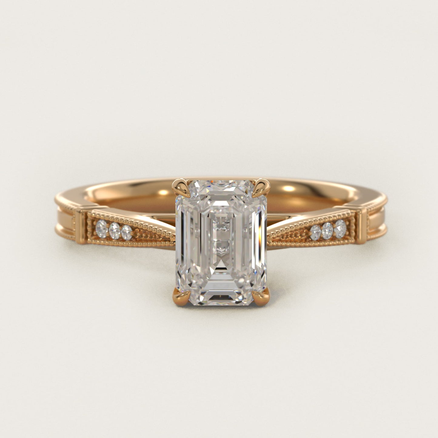 Six-Prong Vintage Milgrain and Diamond Engagement Ring in 14k Yellow Gold - Emerald Center