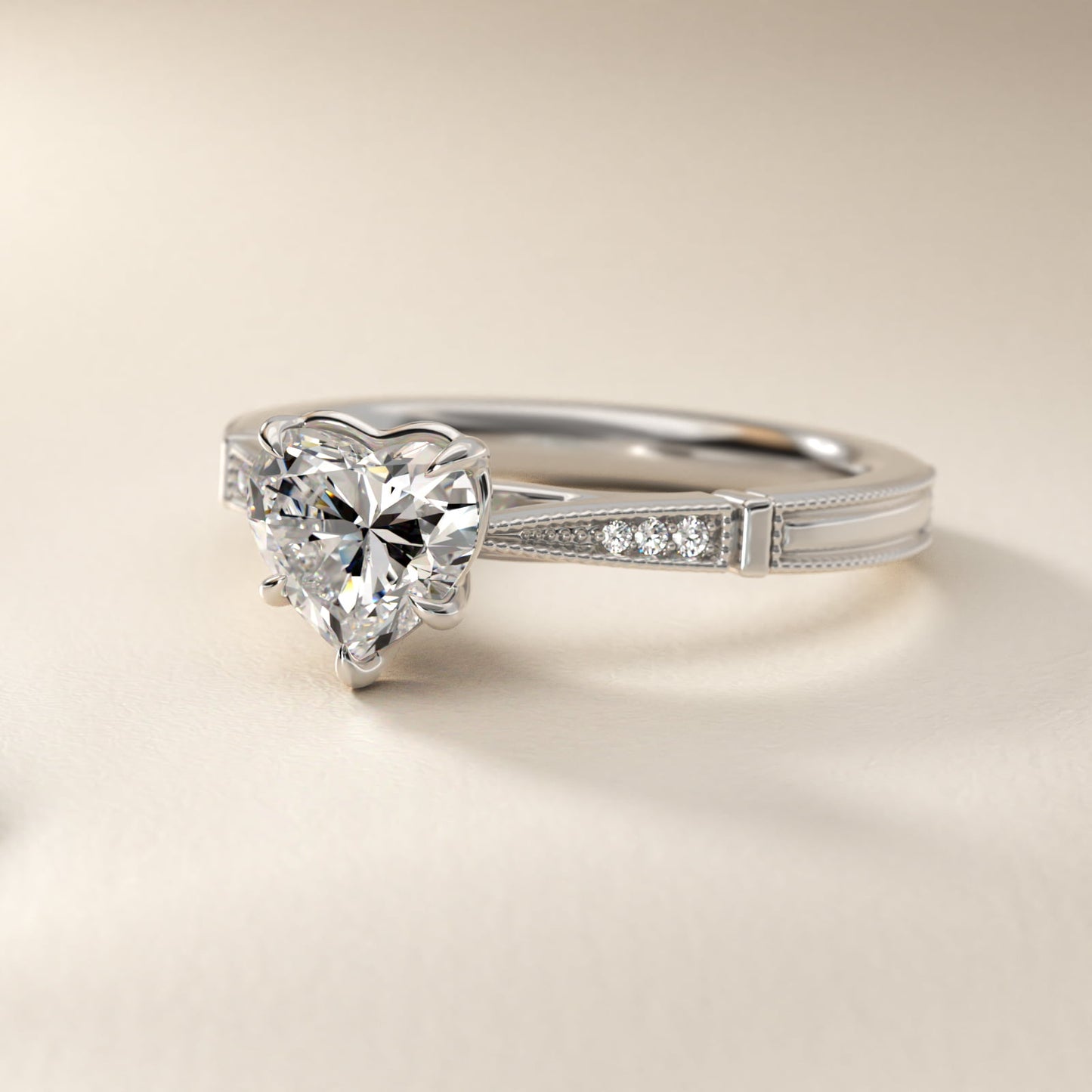 Six-Prong Vintage Milgrain and Diamond Engagement Ring in Platinum - Heart Center
