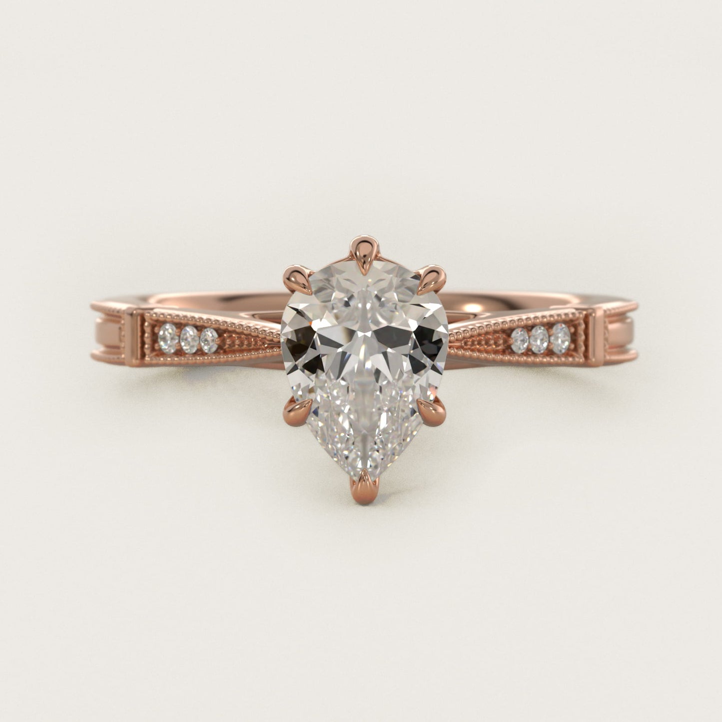 Six-Prong Vintage Milgrain and Diamond Engagement Ring in 14k Rose Gold - Pear Center