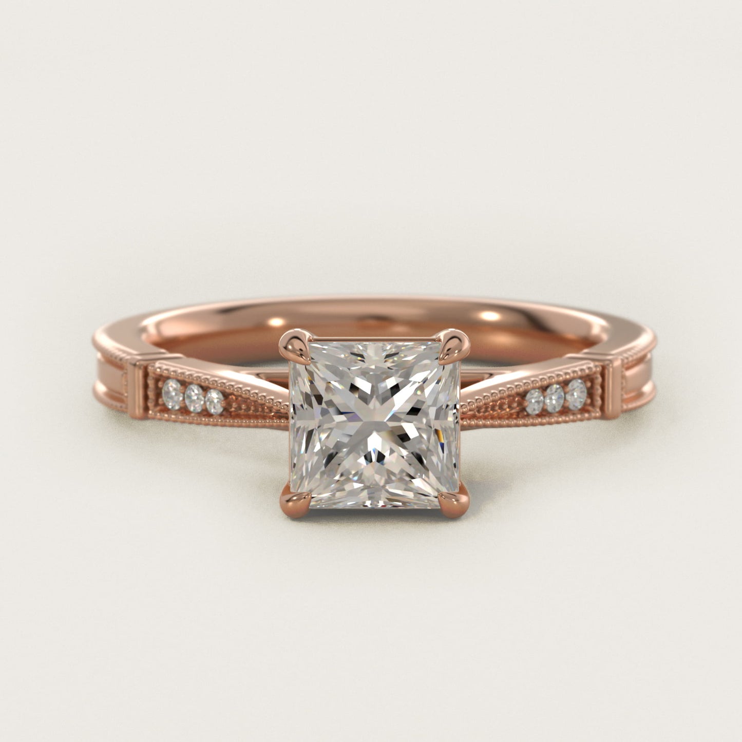 Six-Prong Vintage Milgrain and Diamond Engagement Ring in 14k Rose Gold - Princess Center