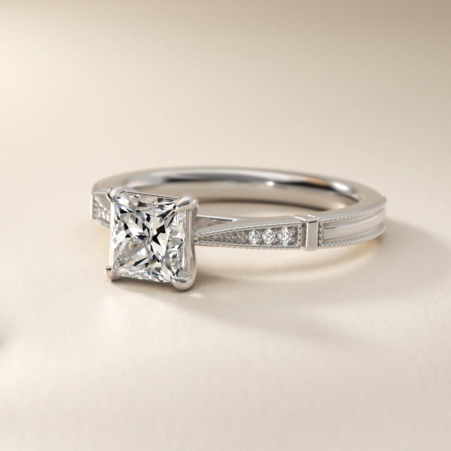 Six-Prong Vintage Milgrain and Diamond Engagement Ring in Platinum - Princess Center