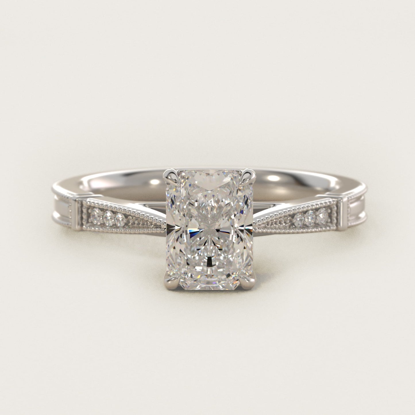 Six-Prong Vintage Milgrain and Diamond Engagement Ring in 14k White Gold - Radiant Center