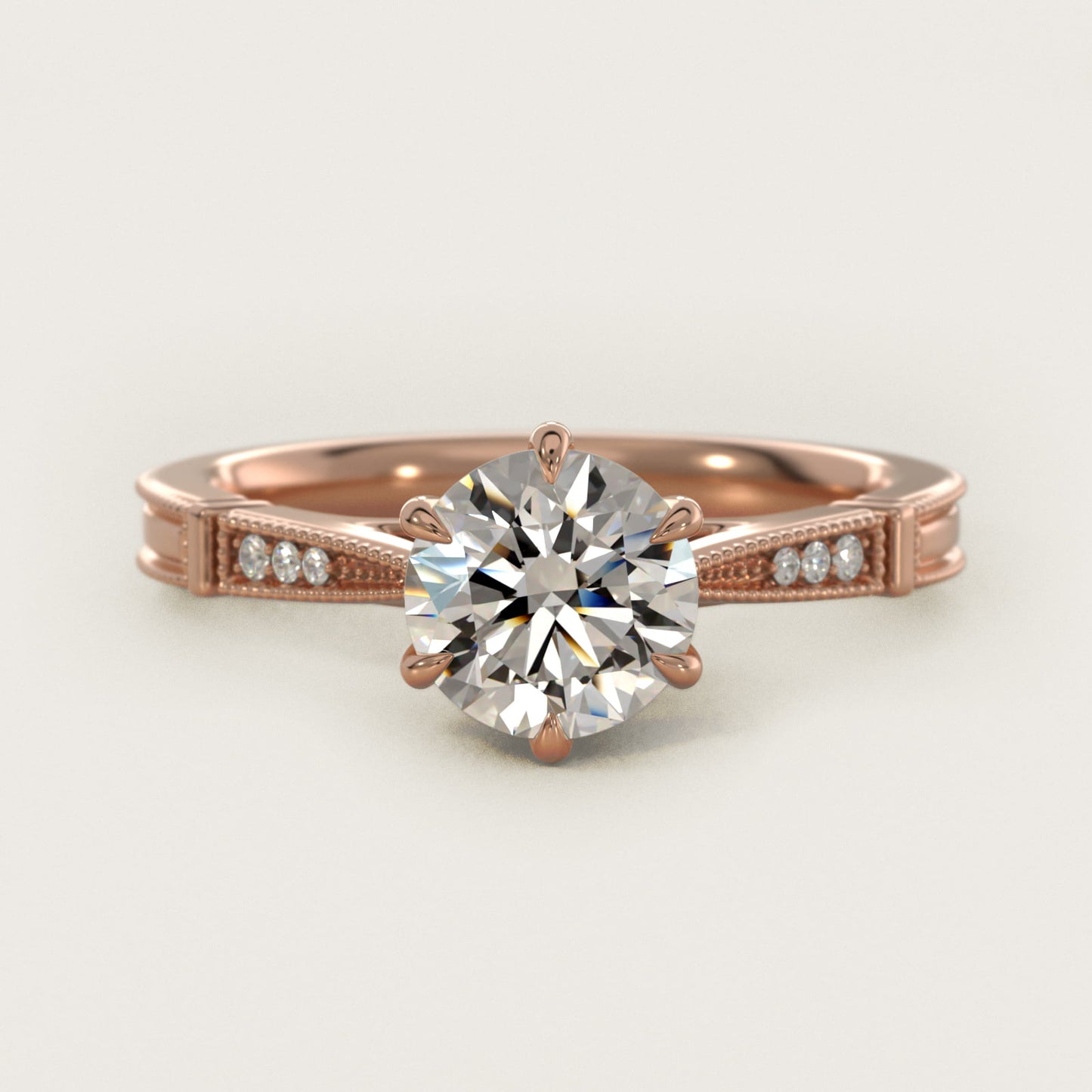 Six-Prong Vintage Milgrain and Diamond Engagement Ring in 14k Rose Gold - Round Center