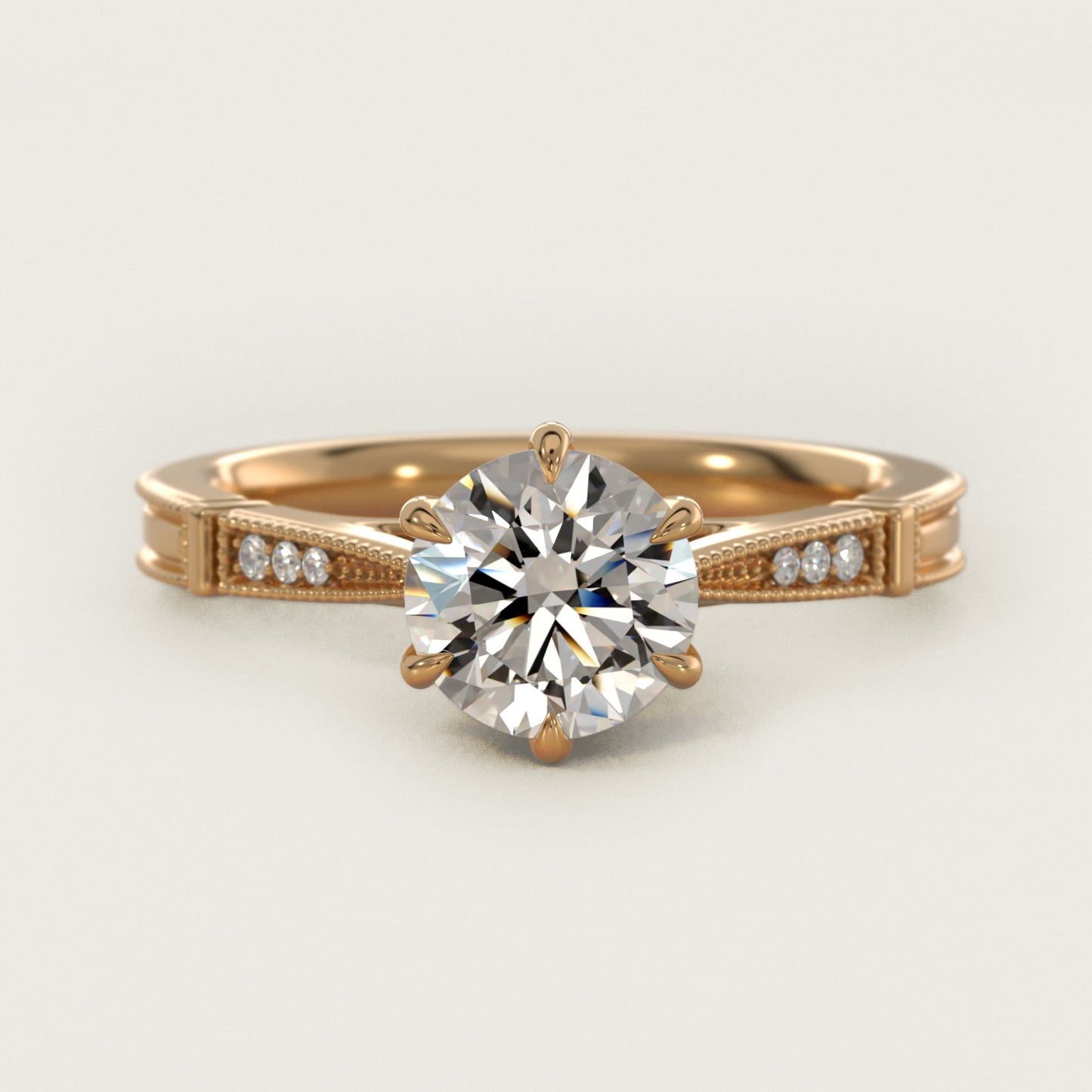 Six-Prong Vintage Milgrain and Diamond Engagement Ring in 14k Yellow Gold - Round Center