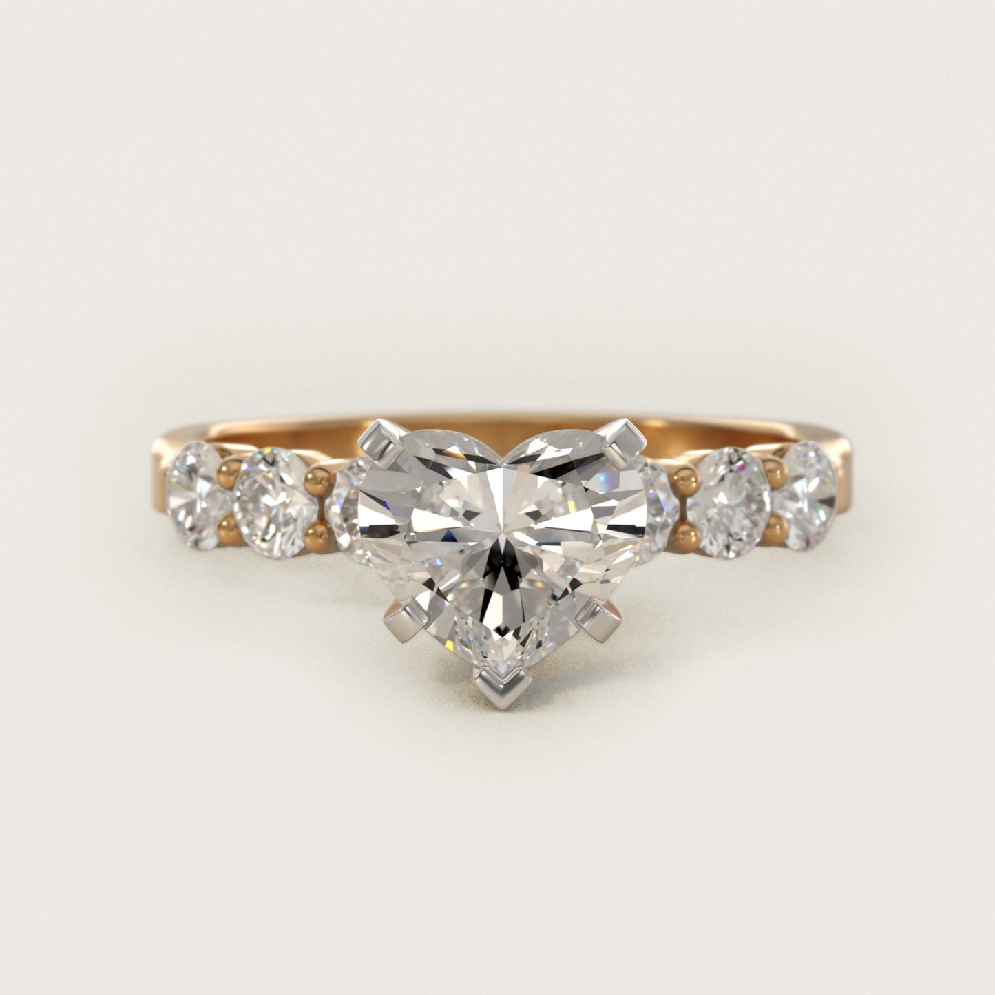 Six Round Side Stone Diamond Common Prong Engagement Ring In 14K Yellow Gold By James Allen - Heart Center