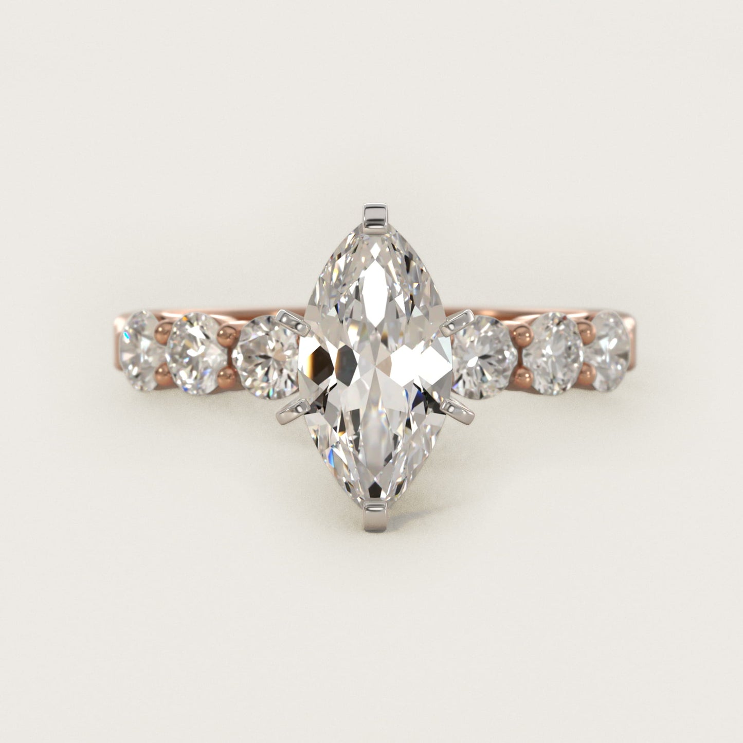 Six Round Side Stone Diamond Common Prong Engagement Ring In 18k Rose Gold By James Allen - Marquise Center