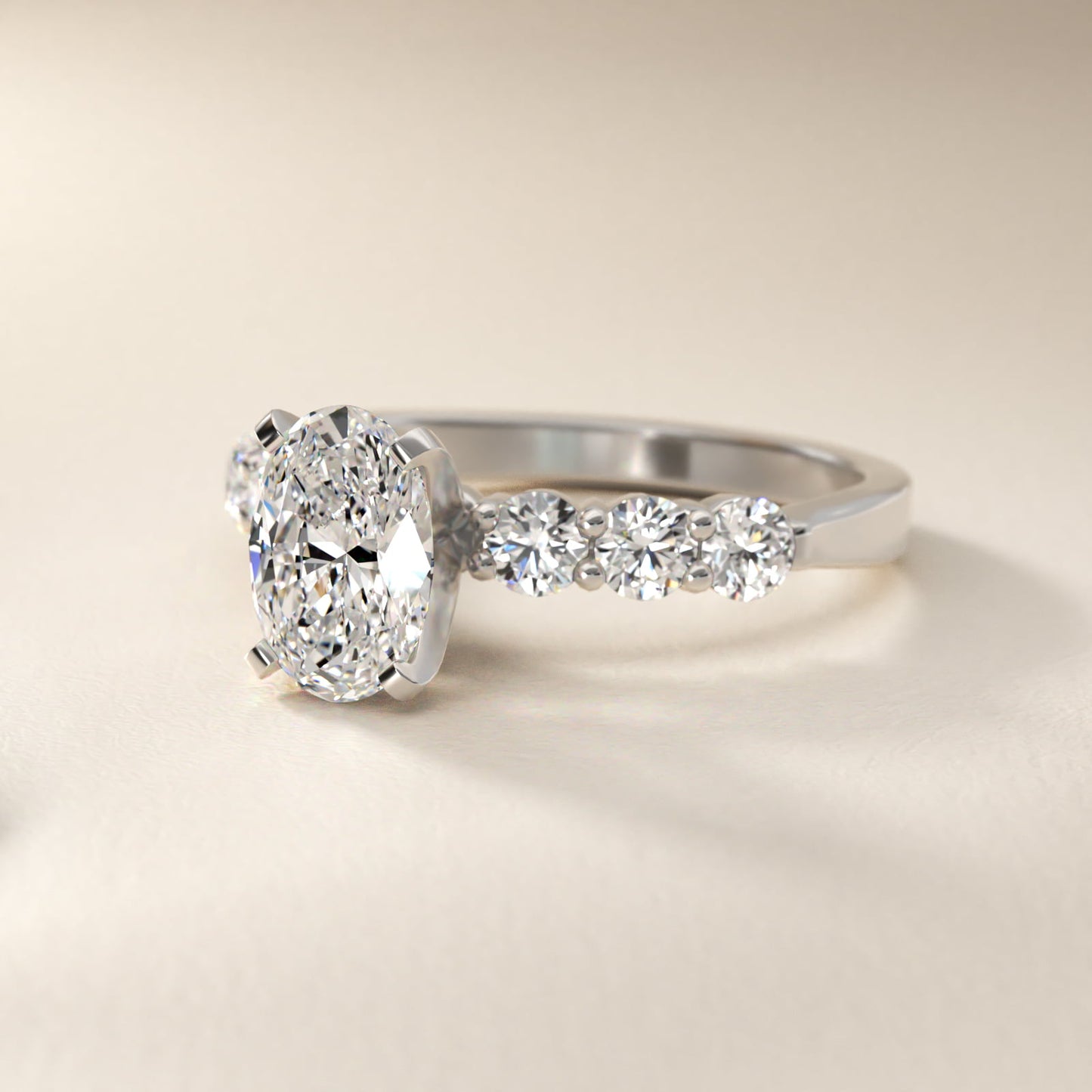 Six Round Side Stone Diamond Common Prong Engagement Ring In Platinum By James Allen - Oval Center