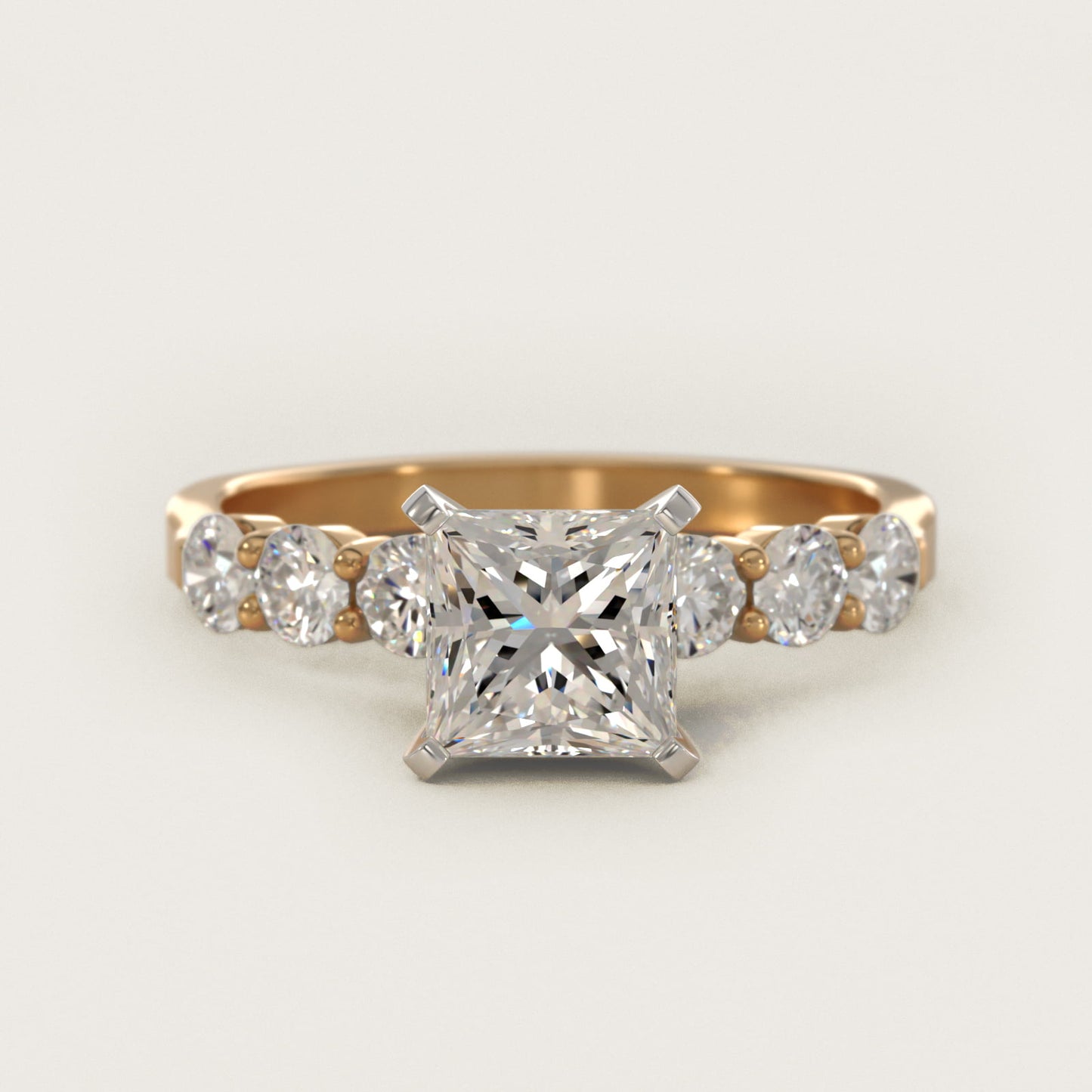 Six Round Side Stone Diamond Common Prong Engagement Ring In 18k Yellow Gold By James Allen - Princess Center