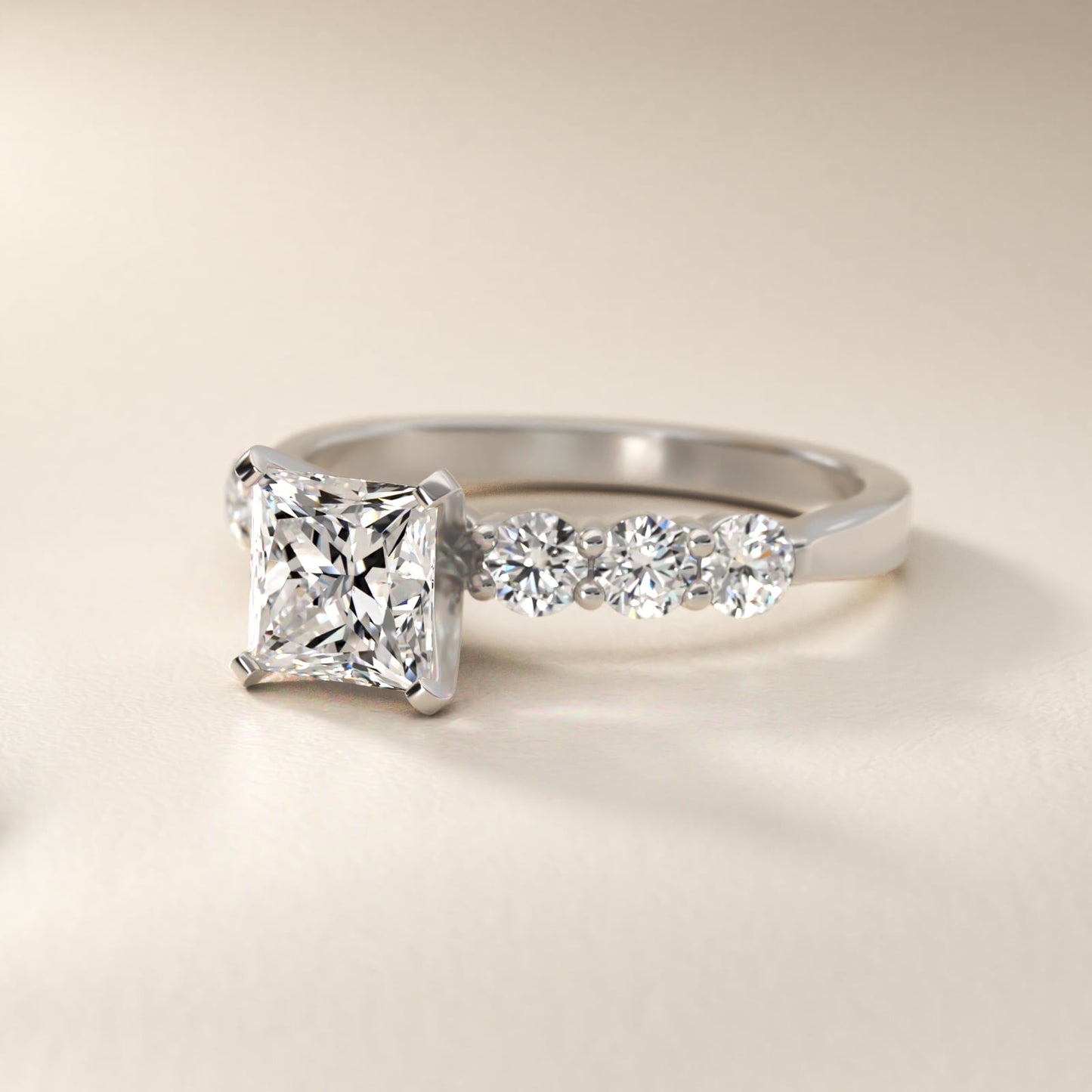 Six Round Side Stone Diamond Common Prong Engagement Ring In Platinum By James Allen - Princess Center