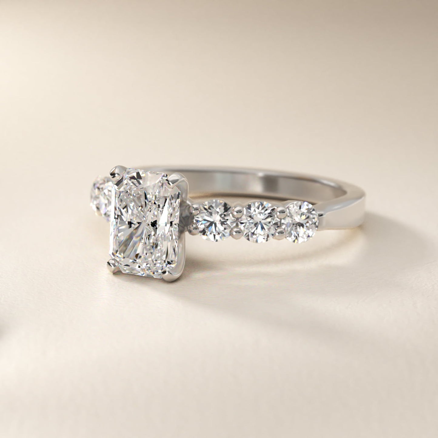 Six Round Side Stone Diamond Common Prong Engagement Ring In Platinum By James Allen - Radiant Center