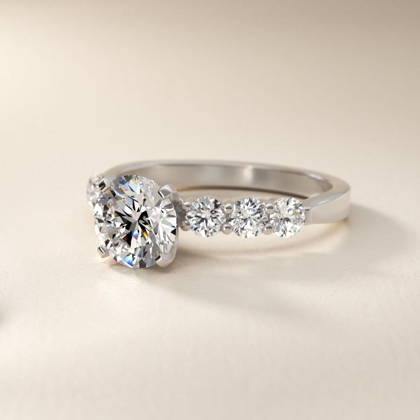 Six Round Side Stone Diamond Common Prong Engagement Ring In Platinum By James Allen - Round Center