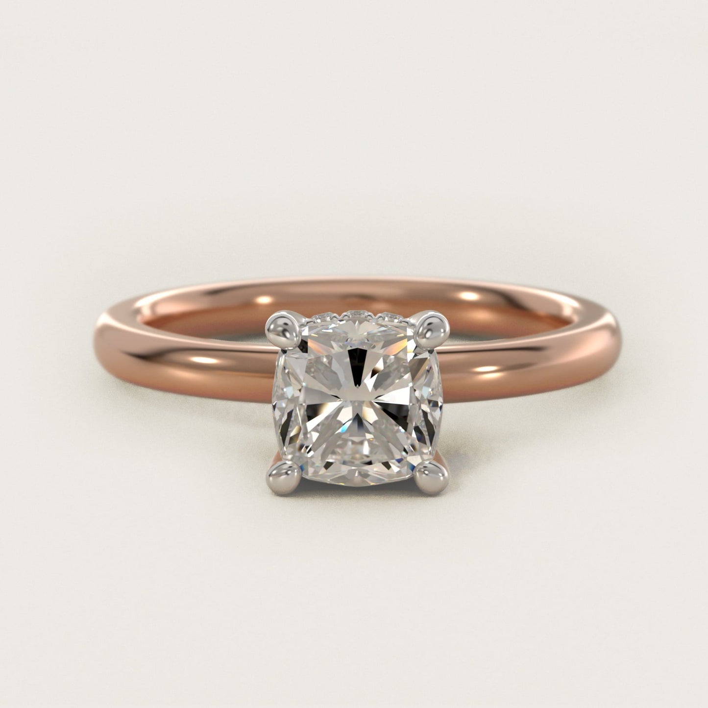 Solitaire Plus Hidden Halo Diamond Engagement Ring in 18k Rose Gold - Cushion Center