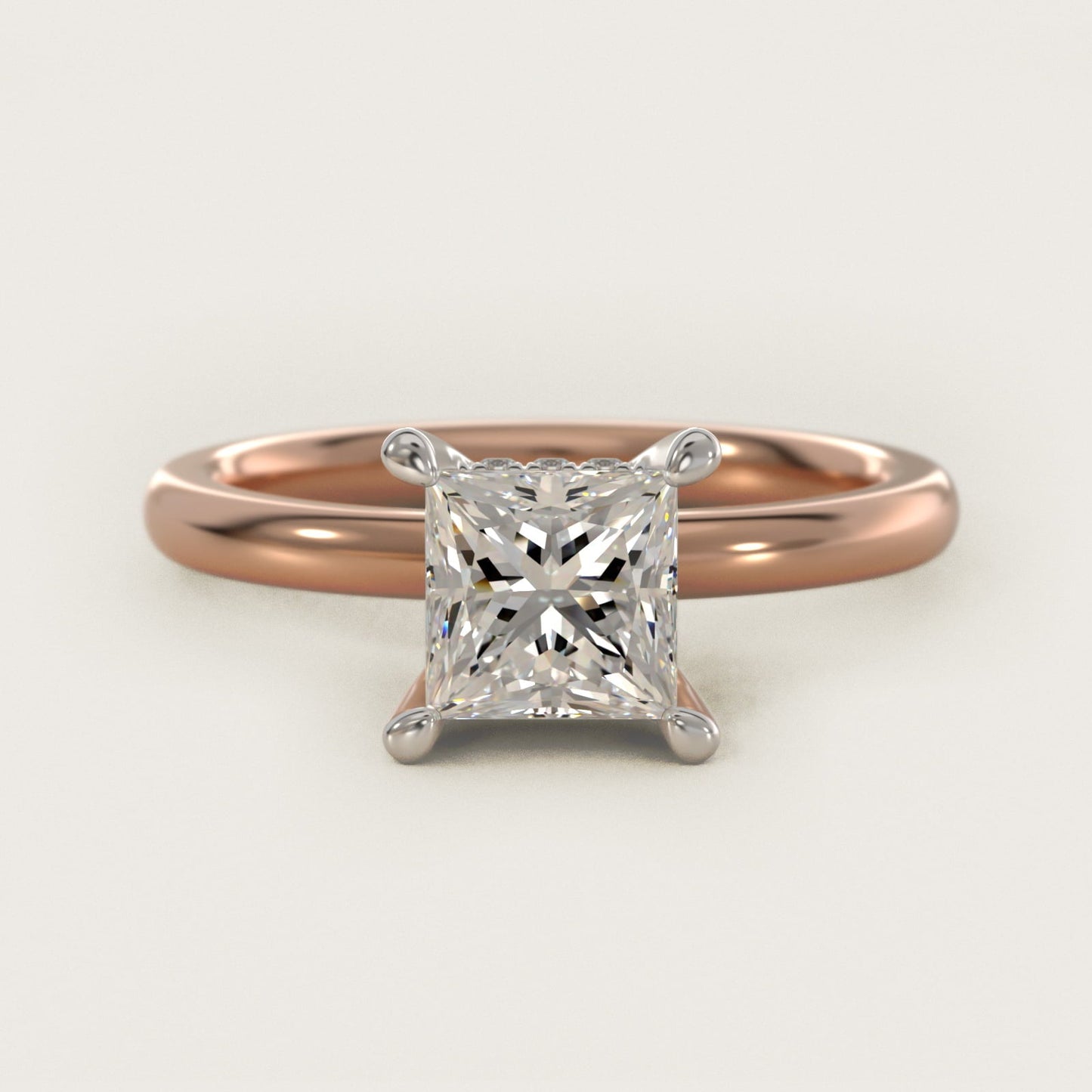 Solitaire Plus Hidden Halo Diamond Engagement Ring in 18k Rose Gold - Princess Center