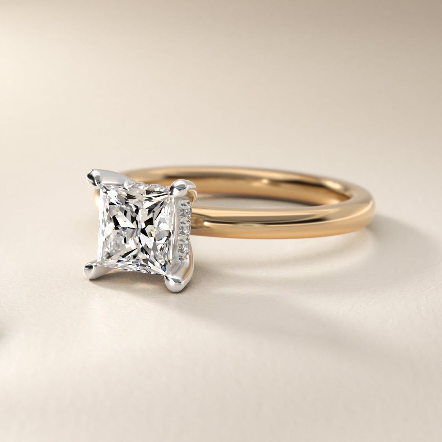 Solitaire Plus Hidden Halo Diamond Engagement Ring in 18k Yellow Gold - Princess Center