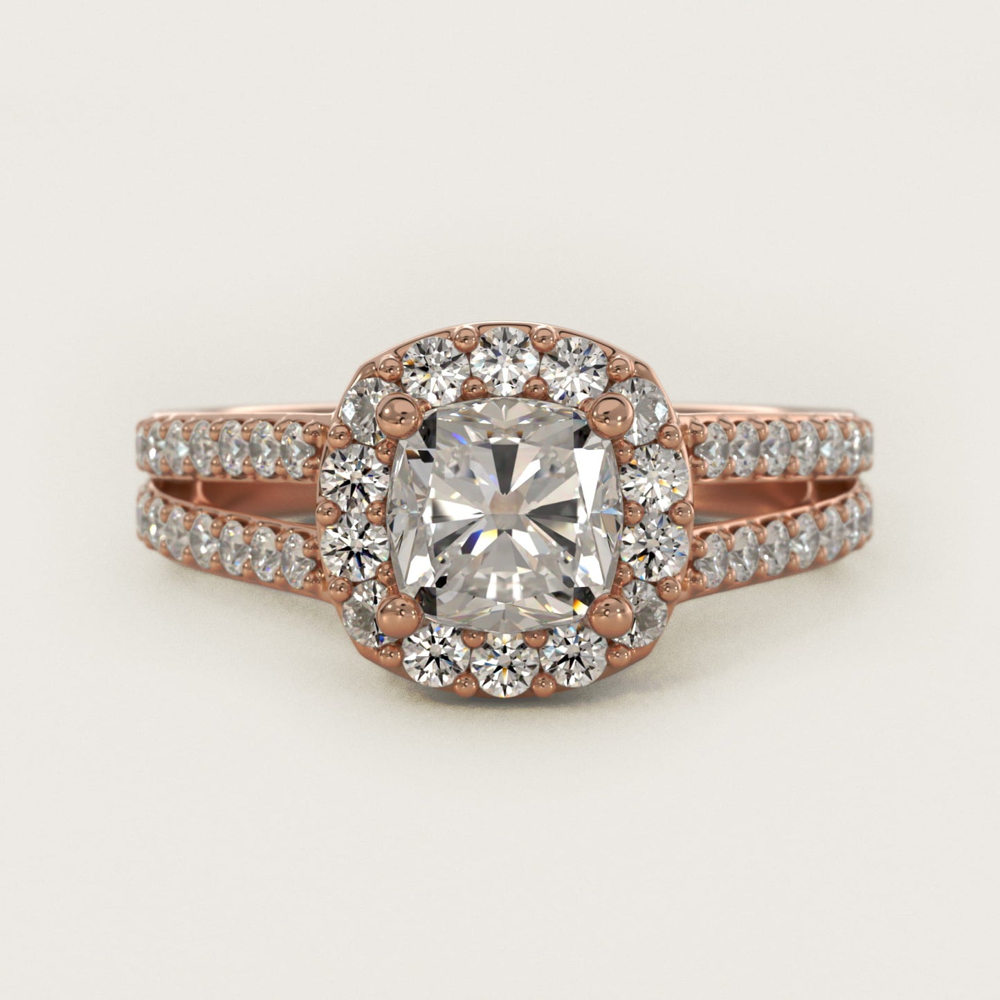 Split Shank Halo Diamond Engagement Ring in 18k Rose Gold (3/8 ct. tw.) - Cushion Center