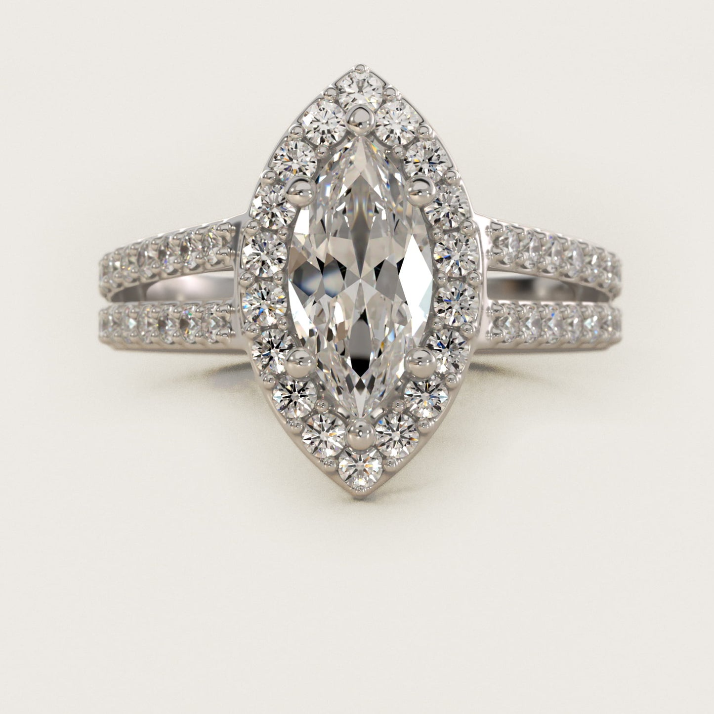 Split Shank Halo Diamond Engagement Ring in 18k White Gold (3/8 ct. tw.) - Marquise Center