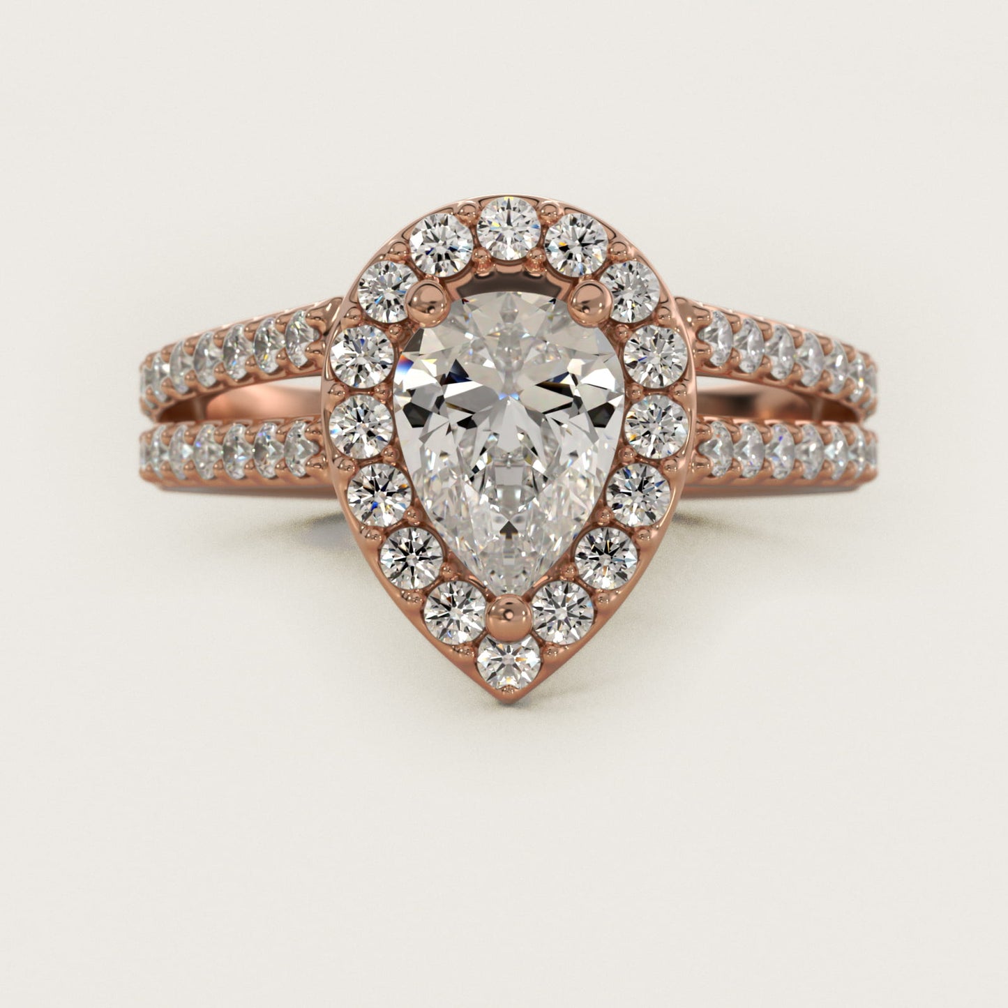 Split Shank Halo Diamond Engagement Ring in 18k Rose Gold (3/8 ct. tw.) - Pear Center
