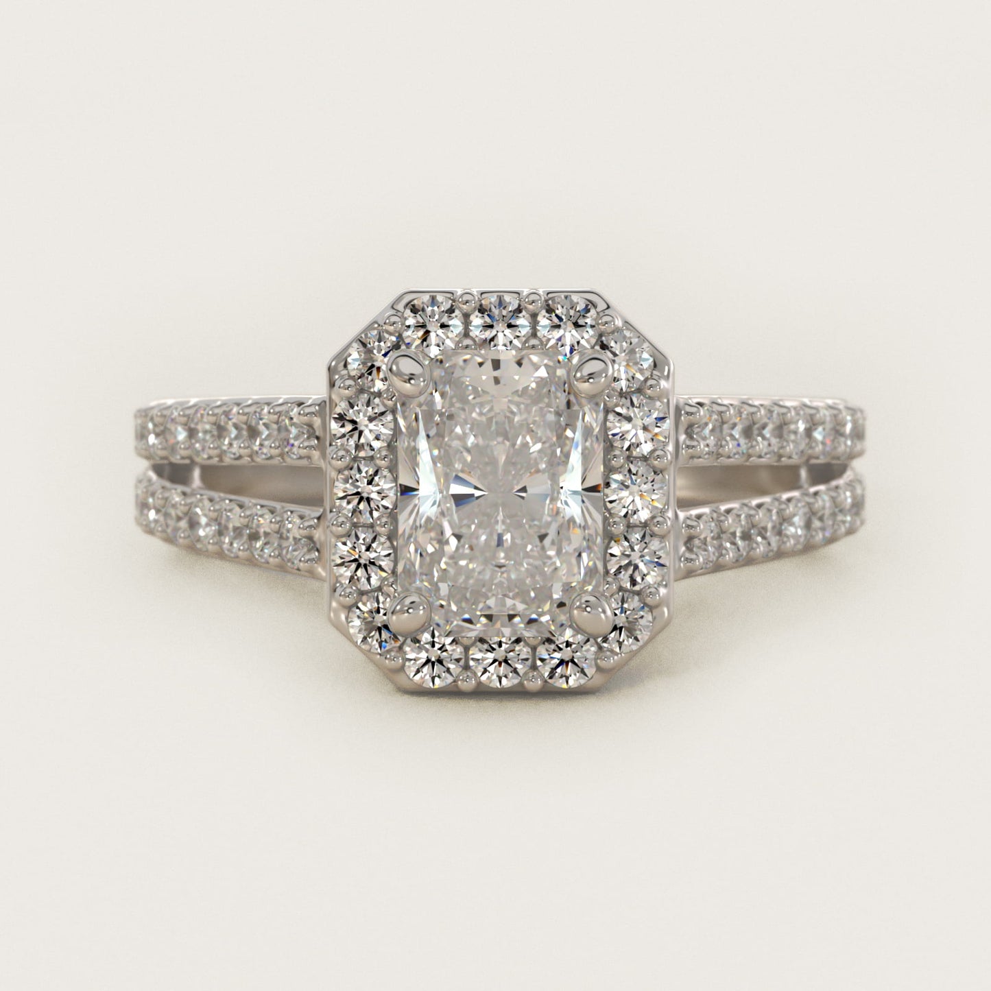 Split Shank Halo Diamond Engagement Ring in 18k White Gold (3/8 ct. tw.) - Radiant Center